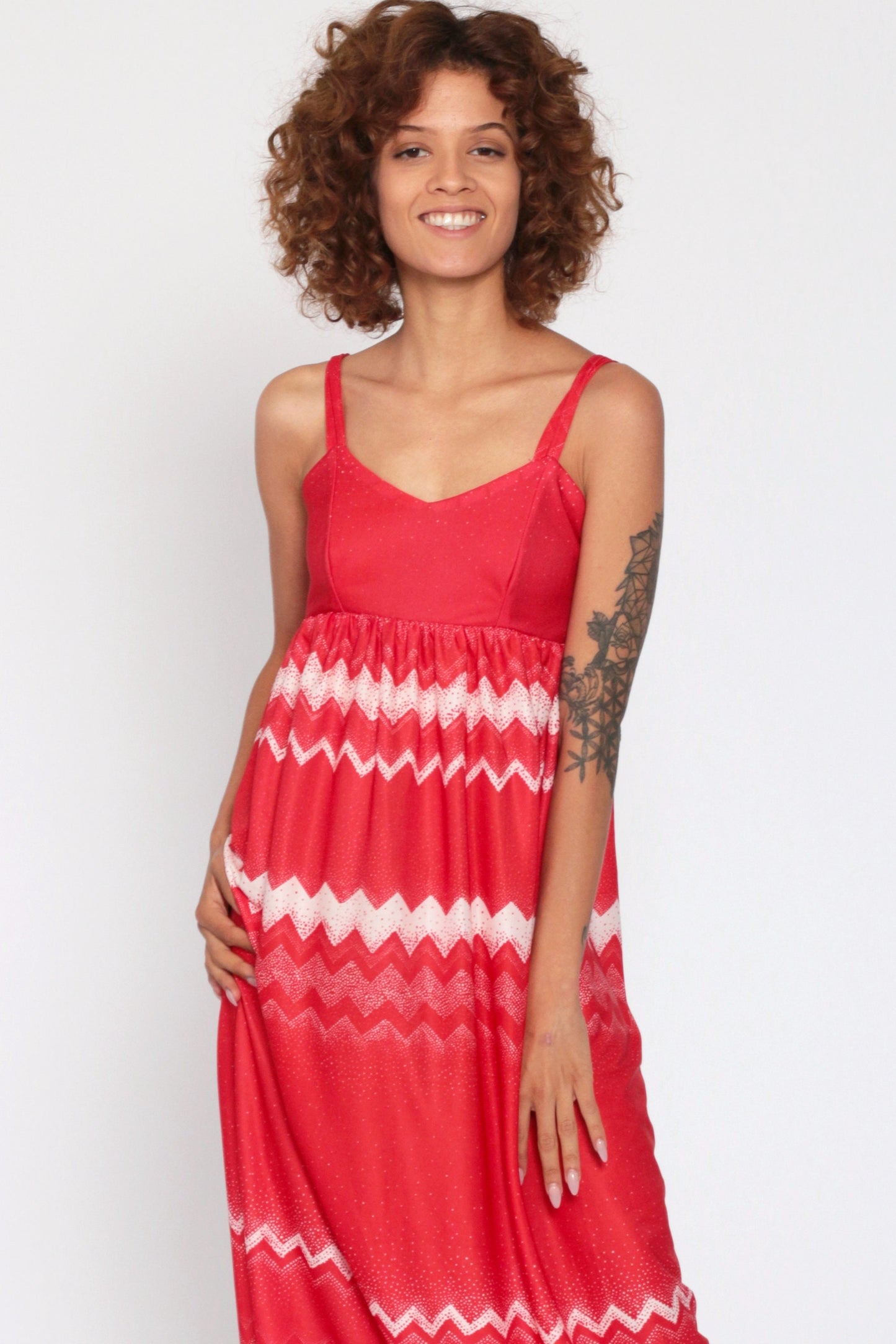 70s Red Zig Zag Striped Maxi Dress Empire Waist Spaghetti Strap Extra Small