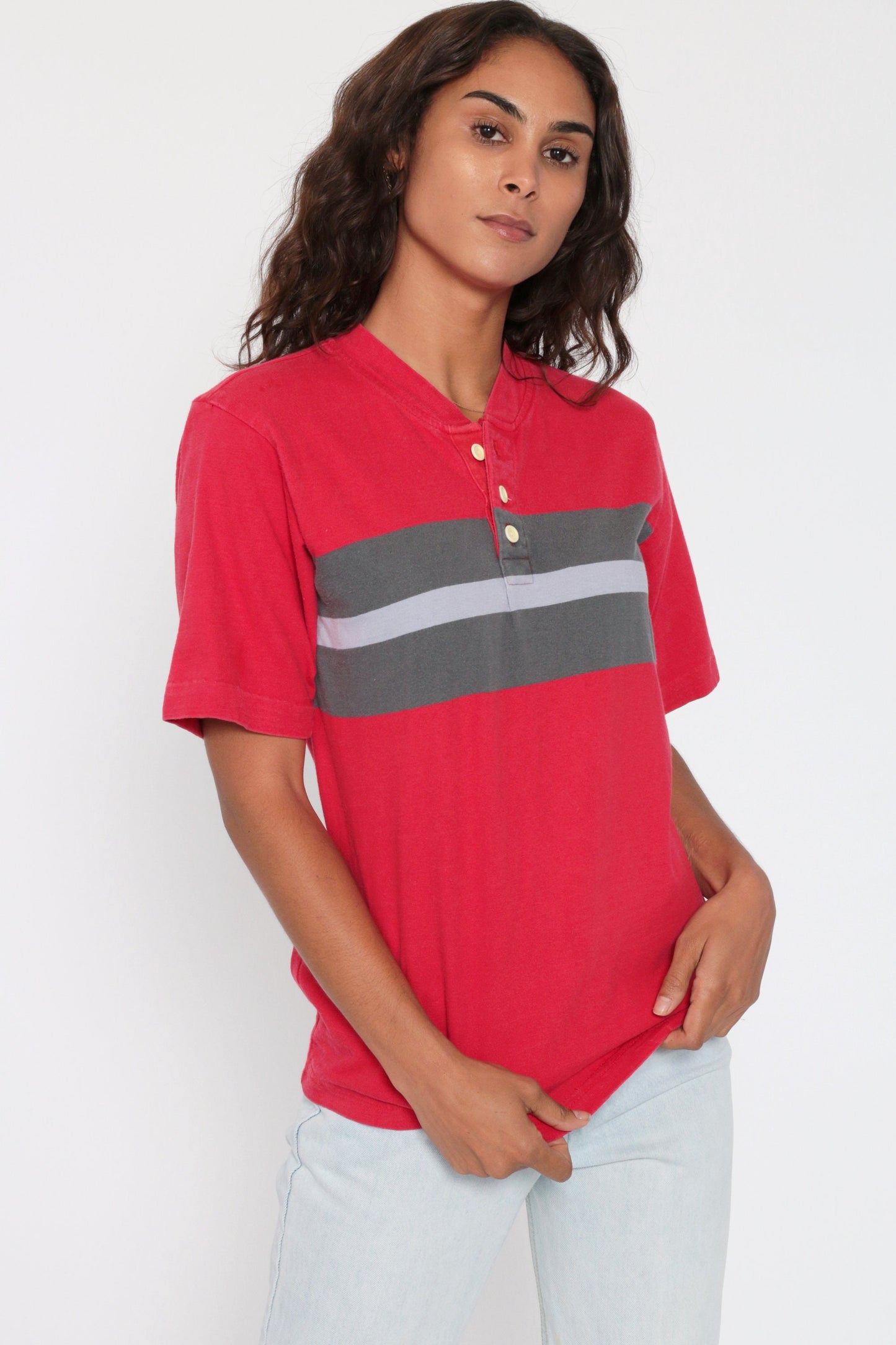 1970s Red Striped Polo Shirt Grey Color Block Half Button Cotton Small