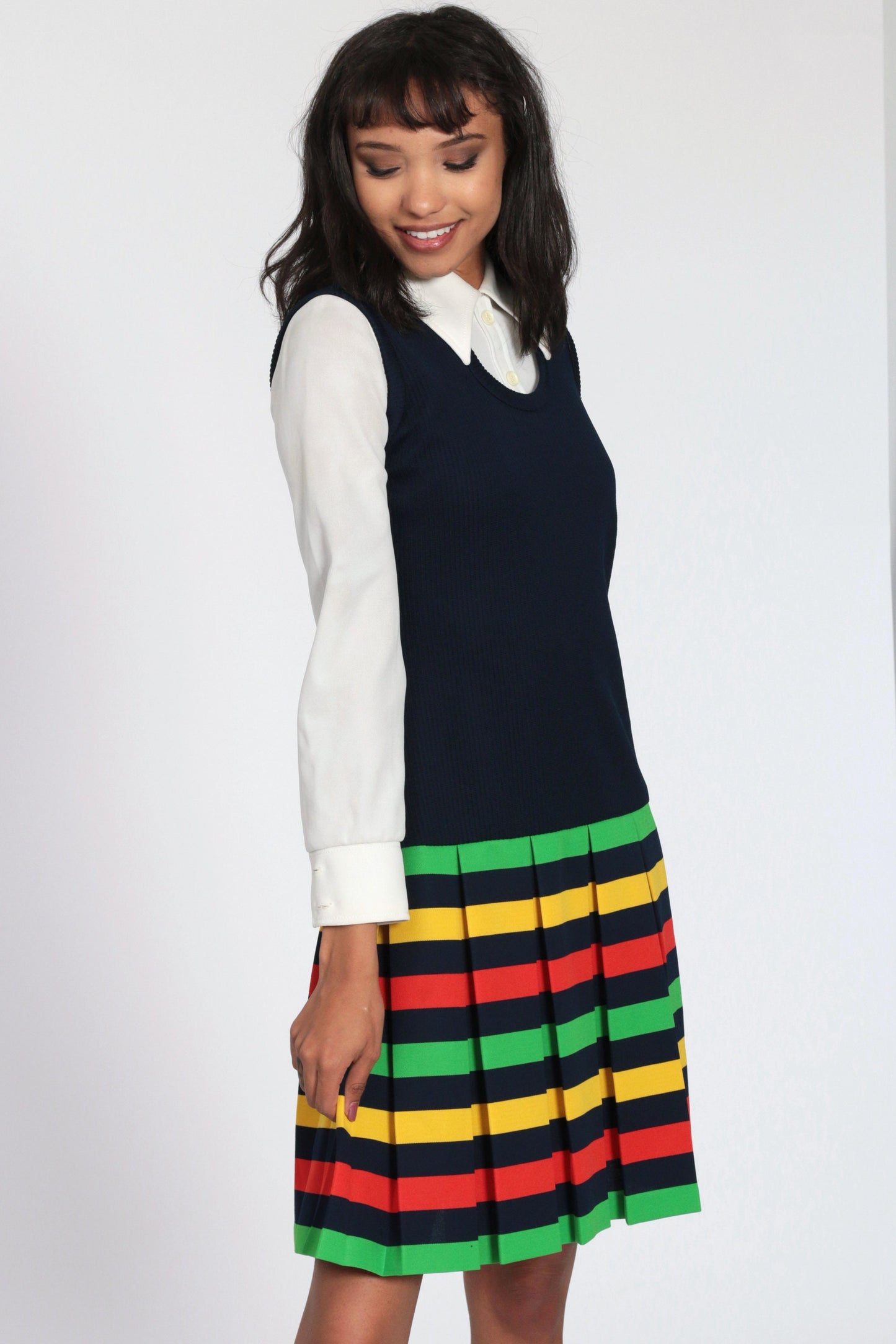 60s Mod Shift Dress Blue Striped Pleated Drop Waist Mini Small