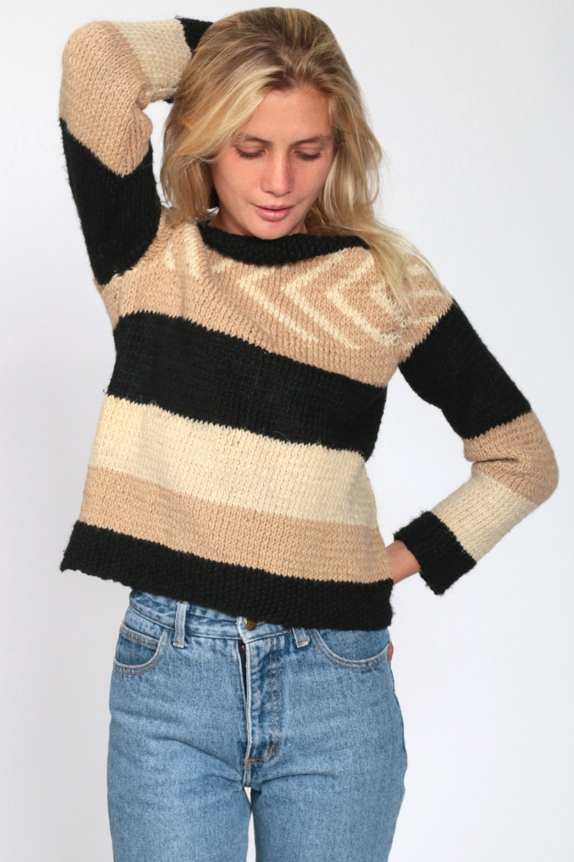 80s Handmade Wool Striped Boat Neck Sweater Tan Cream Black Cropped Extra Small