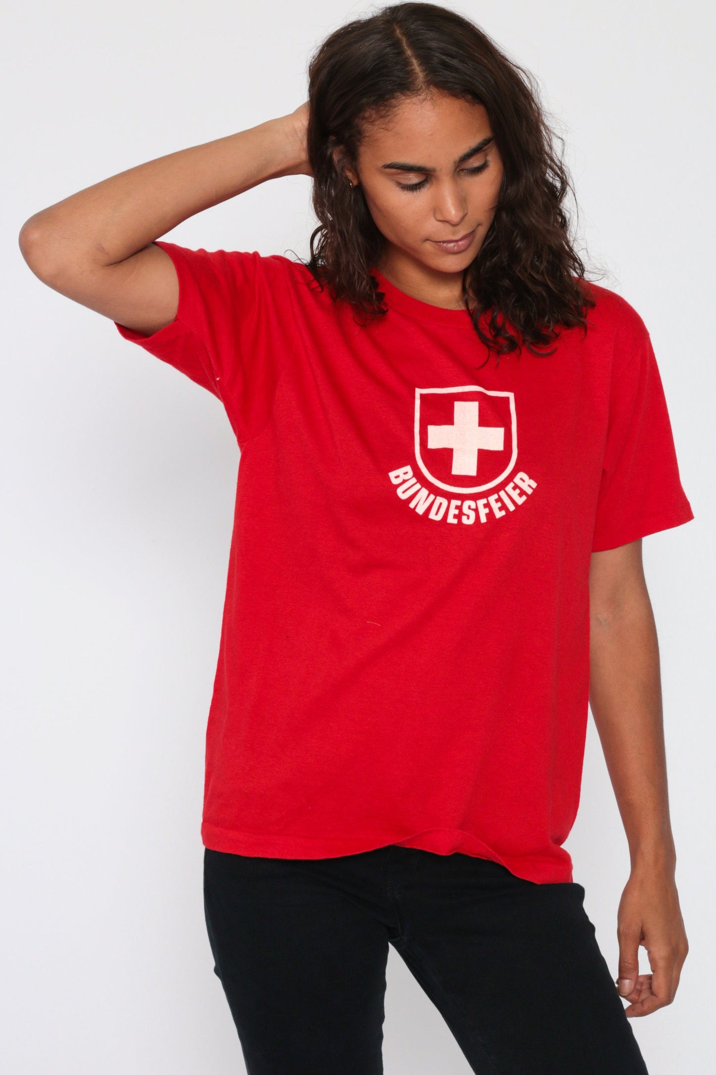80s Swiss Bundesfeier T-Shirt Red Cotton Graphic Tee Medium