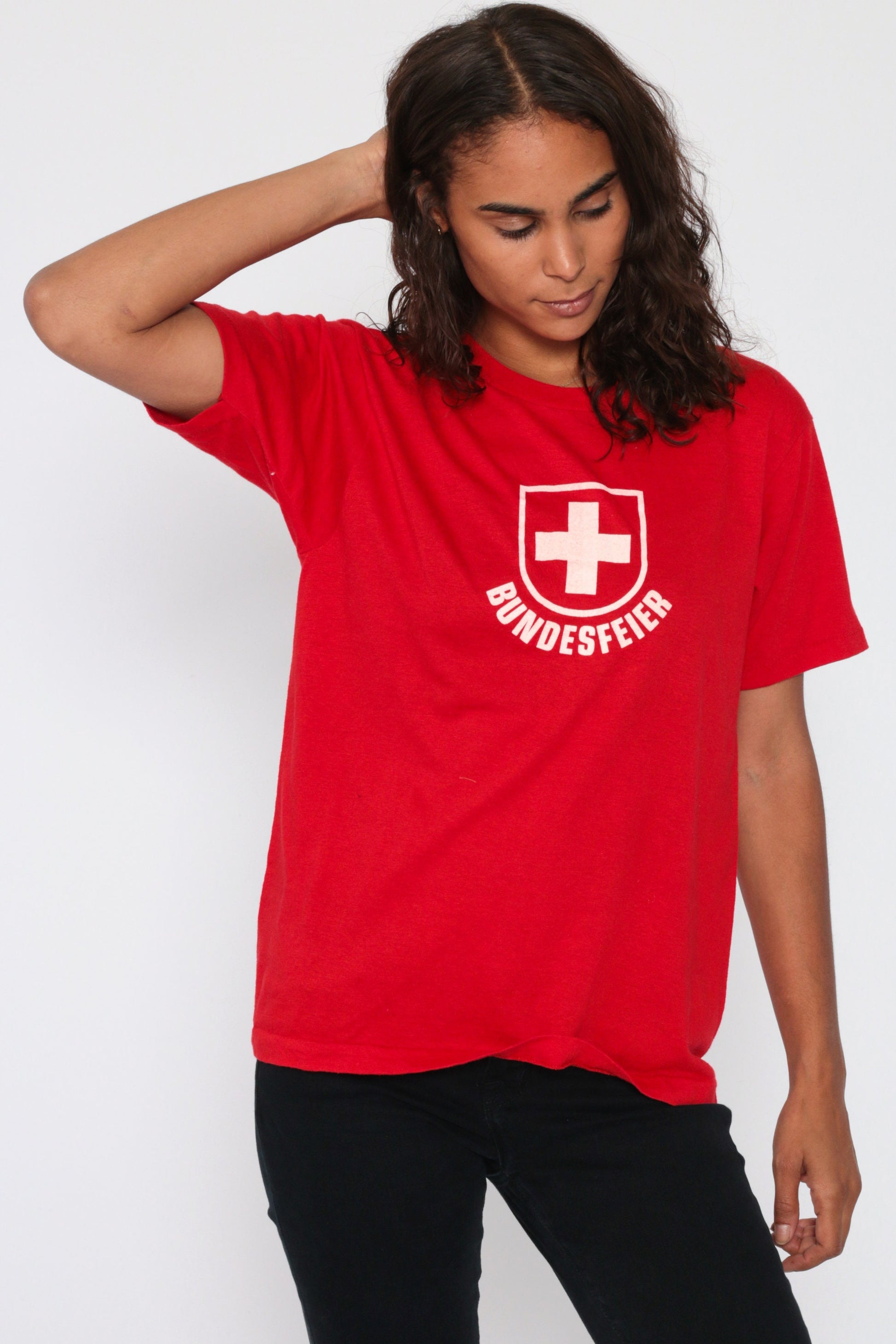 80s Swiss Bundesfeier T-Shirt Red Cotton Graphic Tee Medium