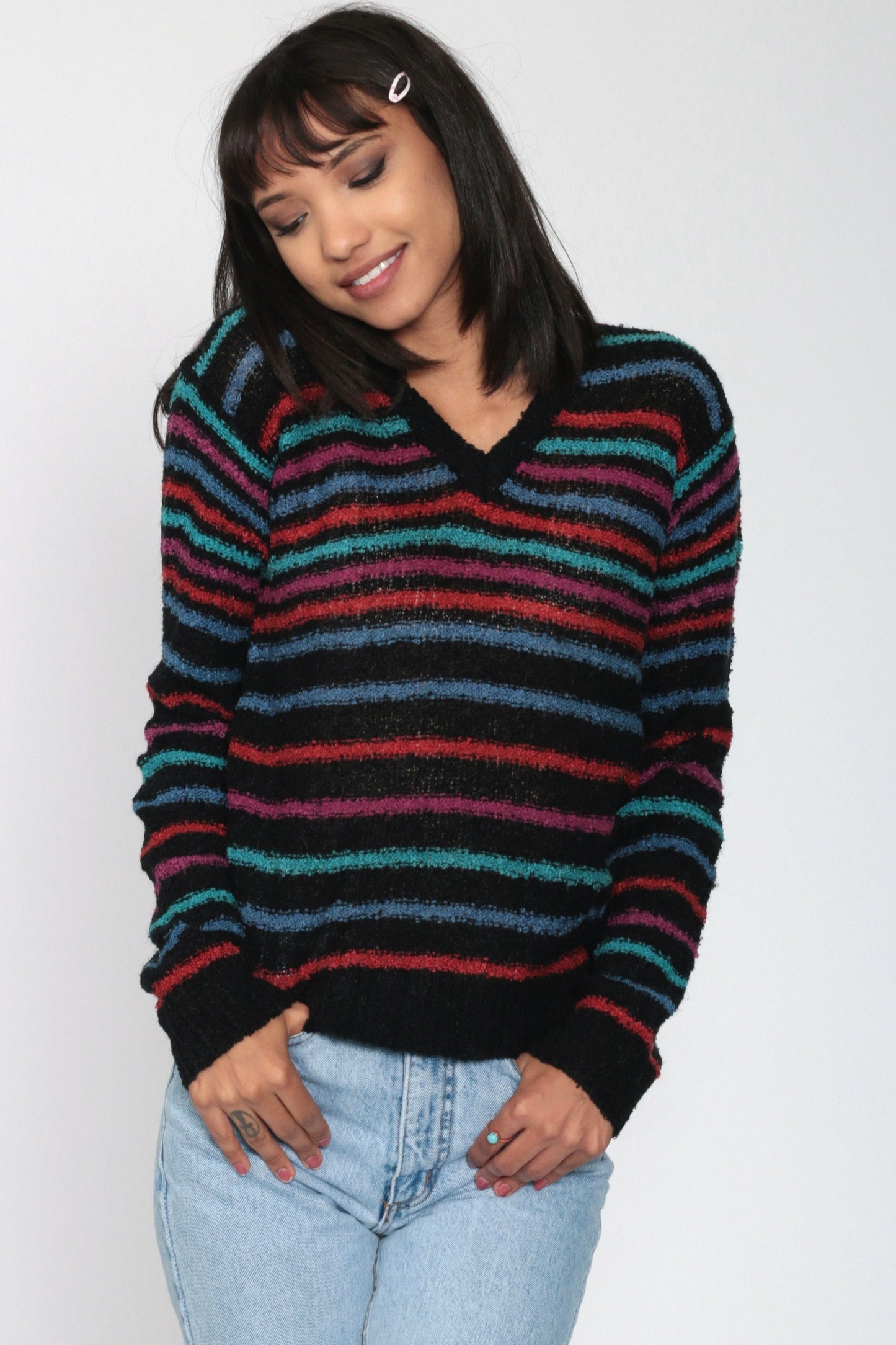 80s Black Striped V-Neck Sweater Pullover Knit Small