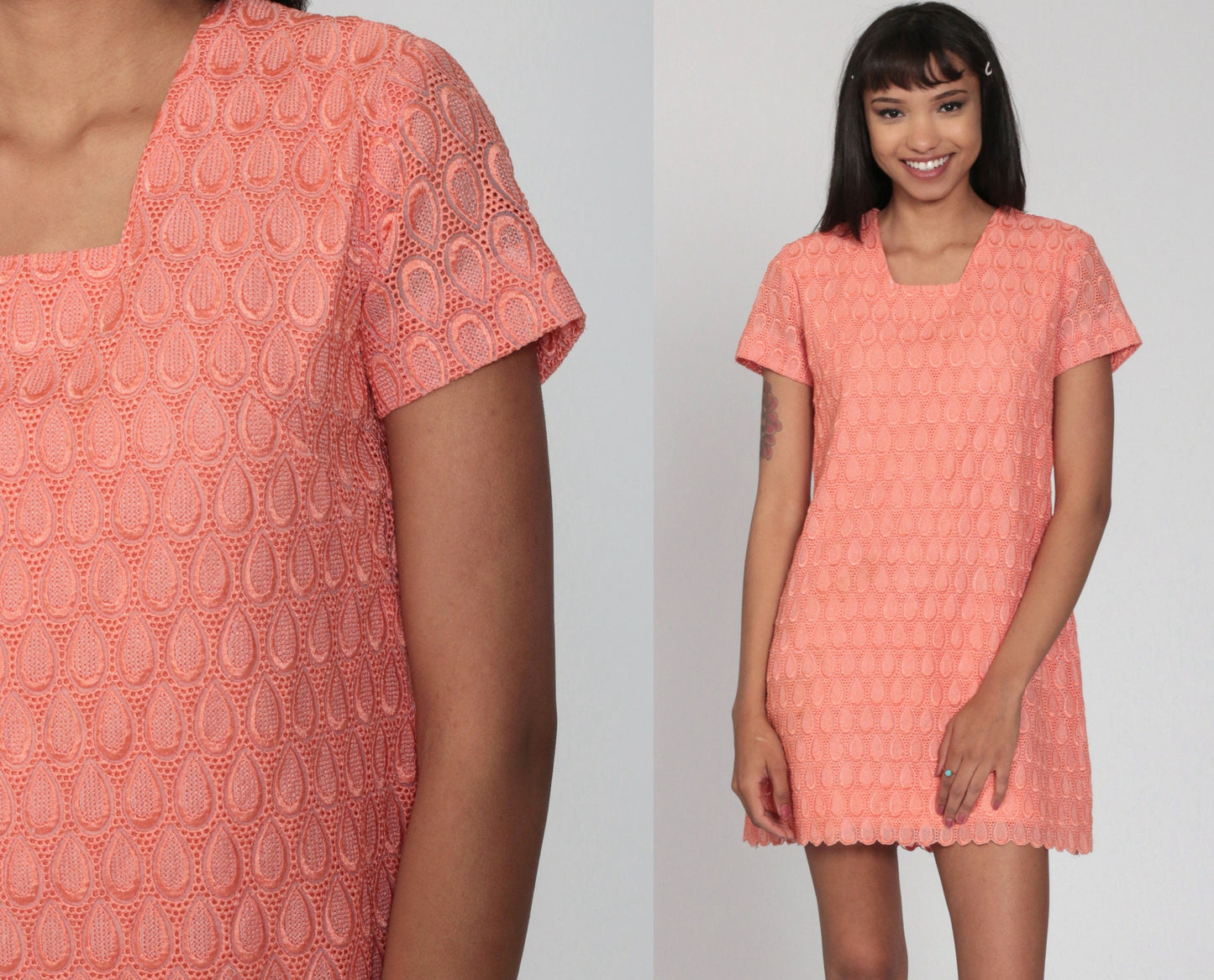 60s Orange Lace Mini Dress Shift Cocktail Short Sleeve Small