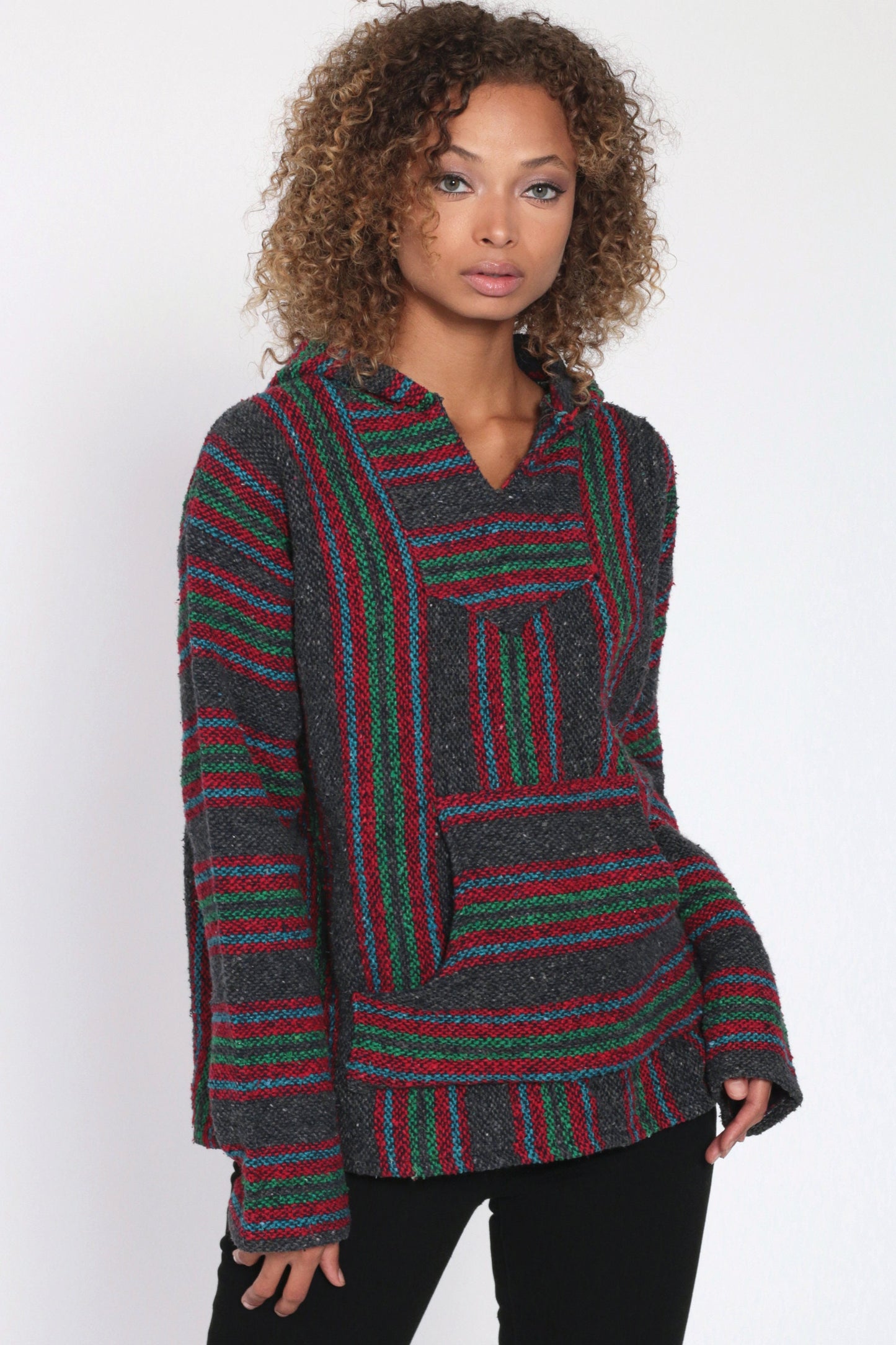 90s Mexican Drug Rug Baja Hoodie Grey Red Stripe Kangaroo Pocket Large