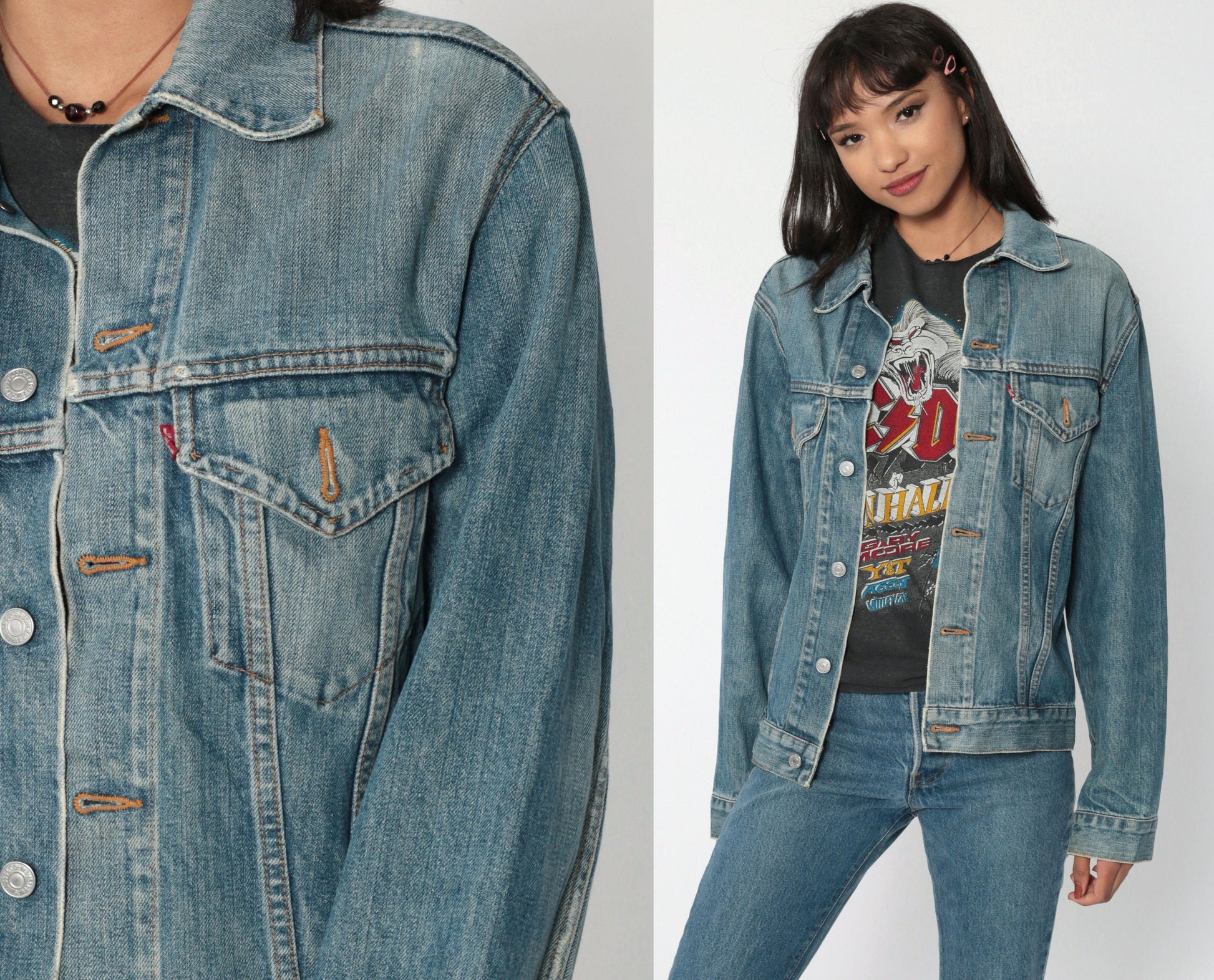 90s Levi's Denim Trucker Jacket Blue Red Tab Small Medium
