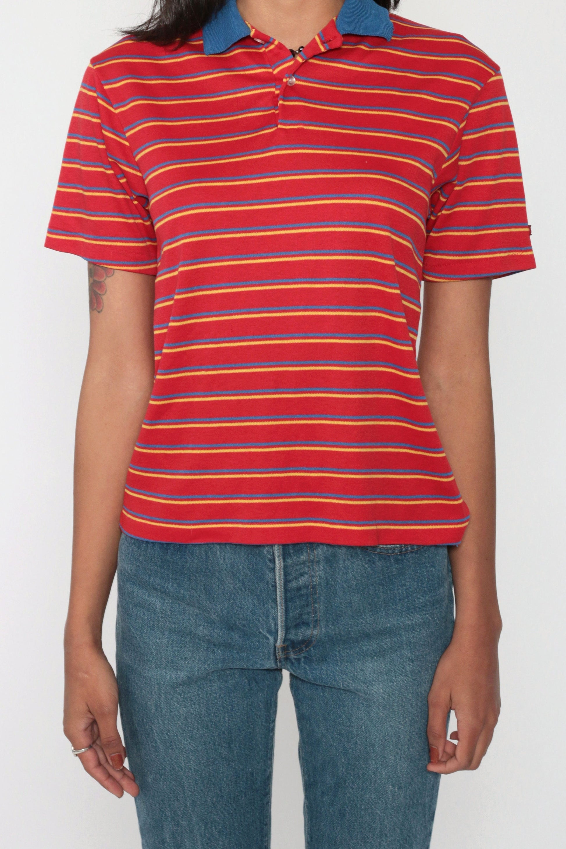 80s Sasson Polo Shirt Red Striped Half-Button Cotton Small