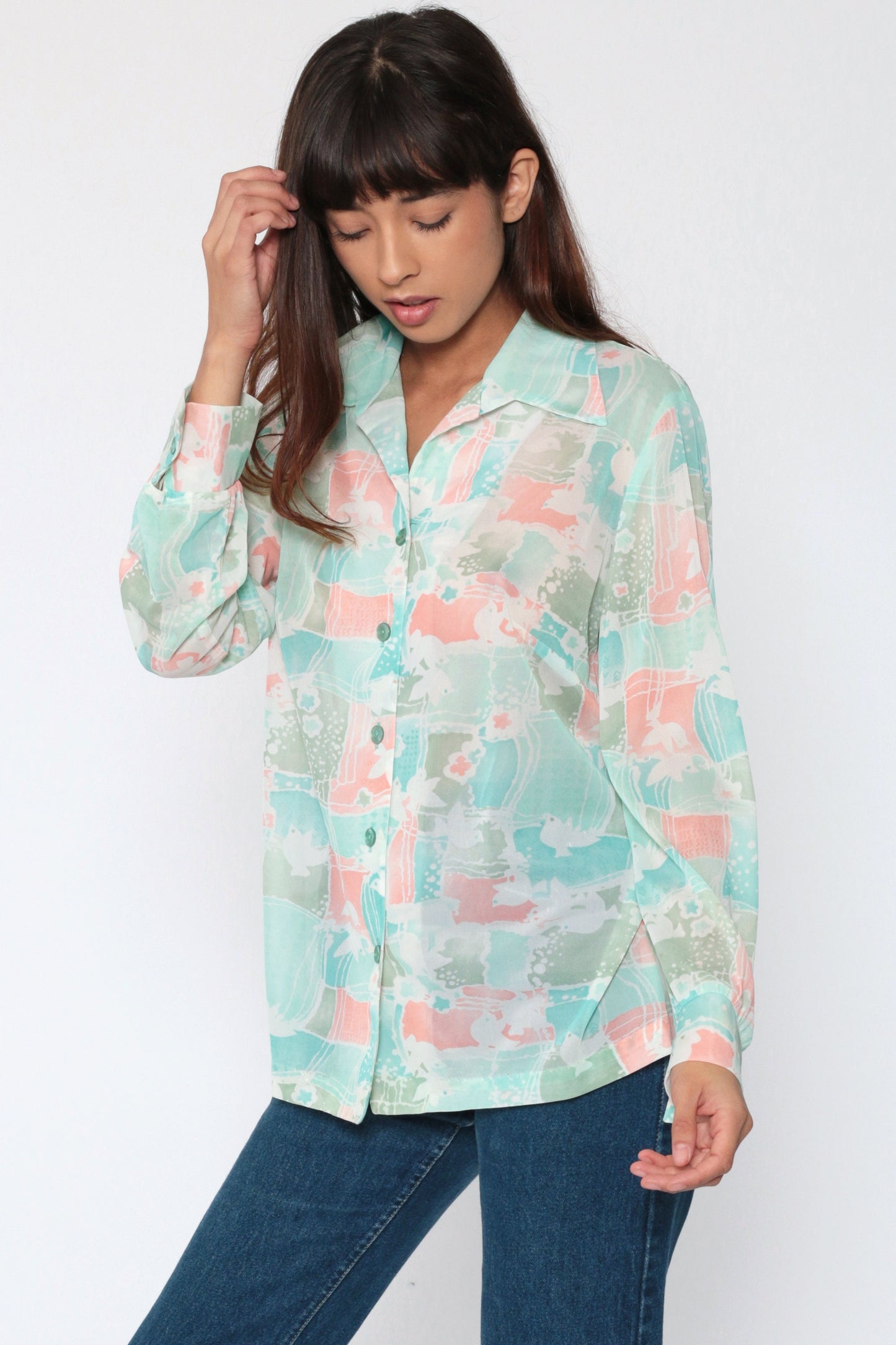70s Dove Print Button Up Blouse Long Sleeve Patchwork Pink Green Medium