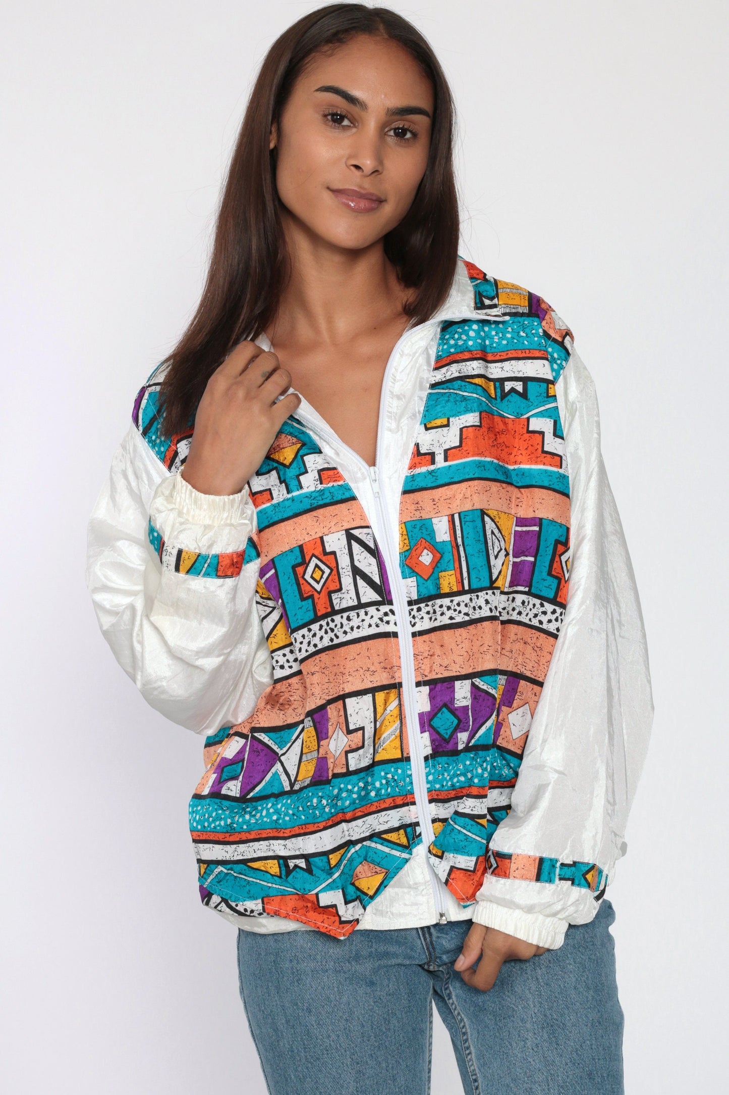 90s Tribal Geometric Windbreaker Jacket White Southwestern Nylon Medium Large