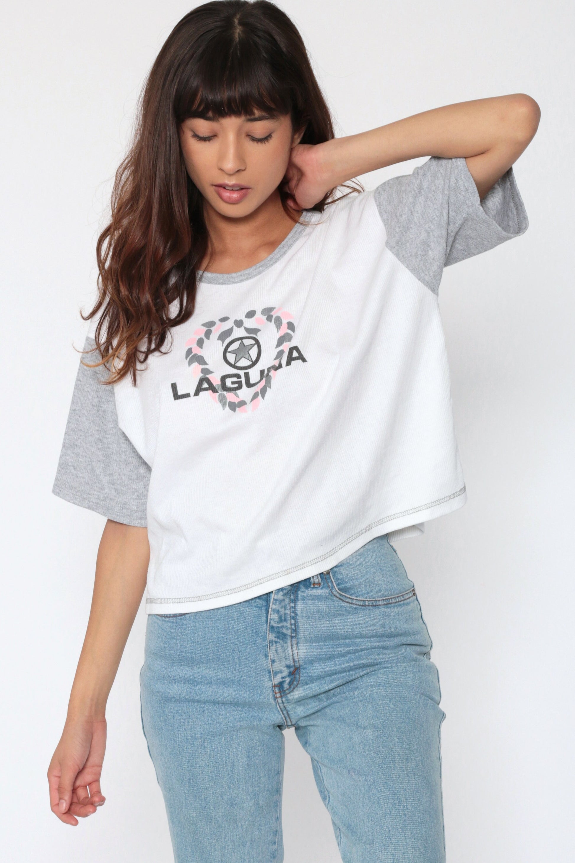 80s Laguna Colour Block Crop Top Grey White T-Shirt Medium
