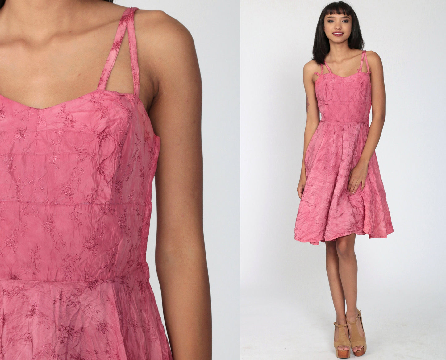 1950s Pink Floral Embroidered Midi Dress Spaghetti Strap High Waist Extra Small