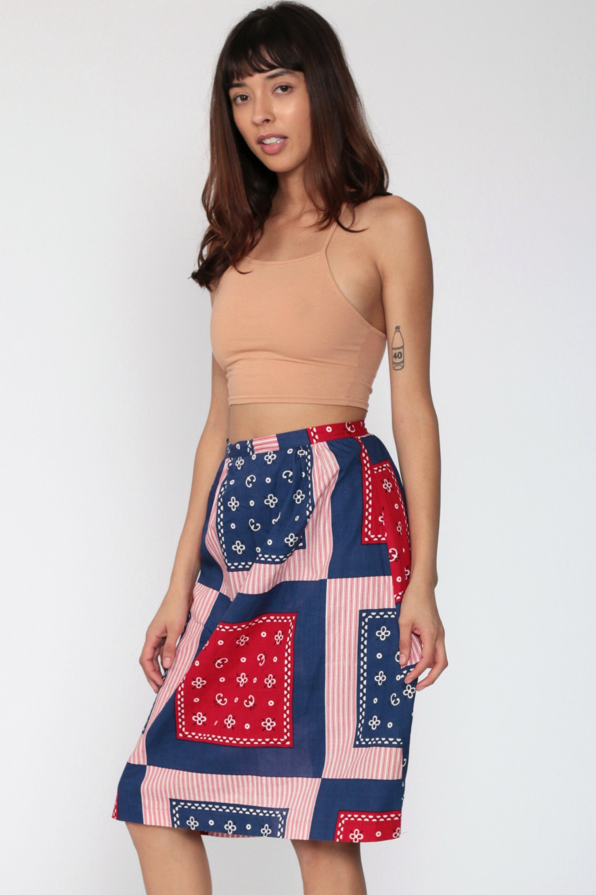 70s Scarf Print Midi Skirt High Waist Patchwork Red Blue Small