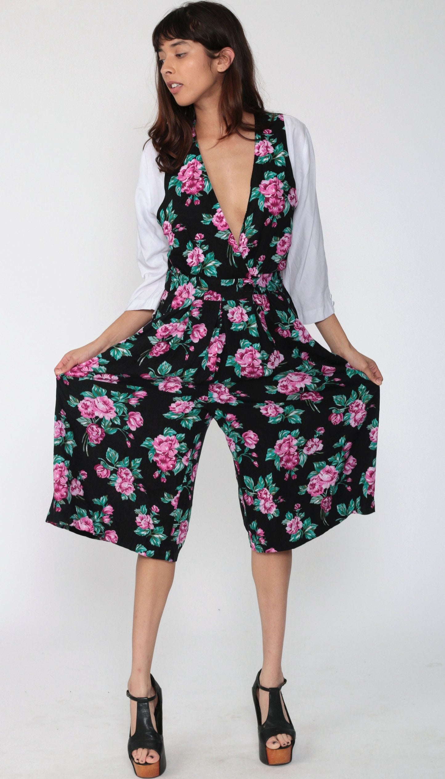 90s Floral Deep V Jumpsuit Wide Leg High Waist Black Small