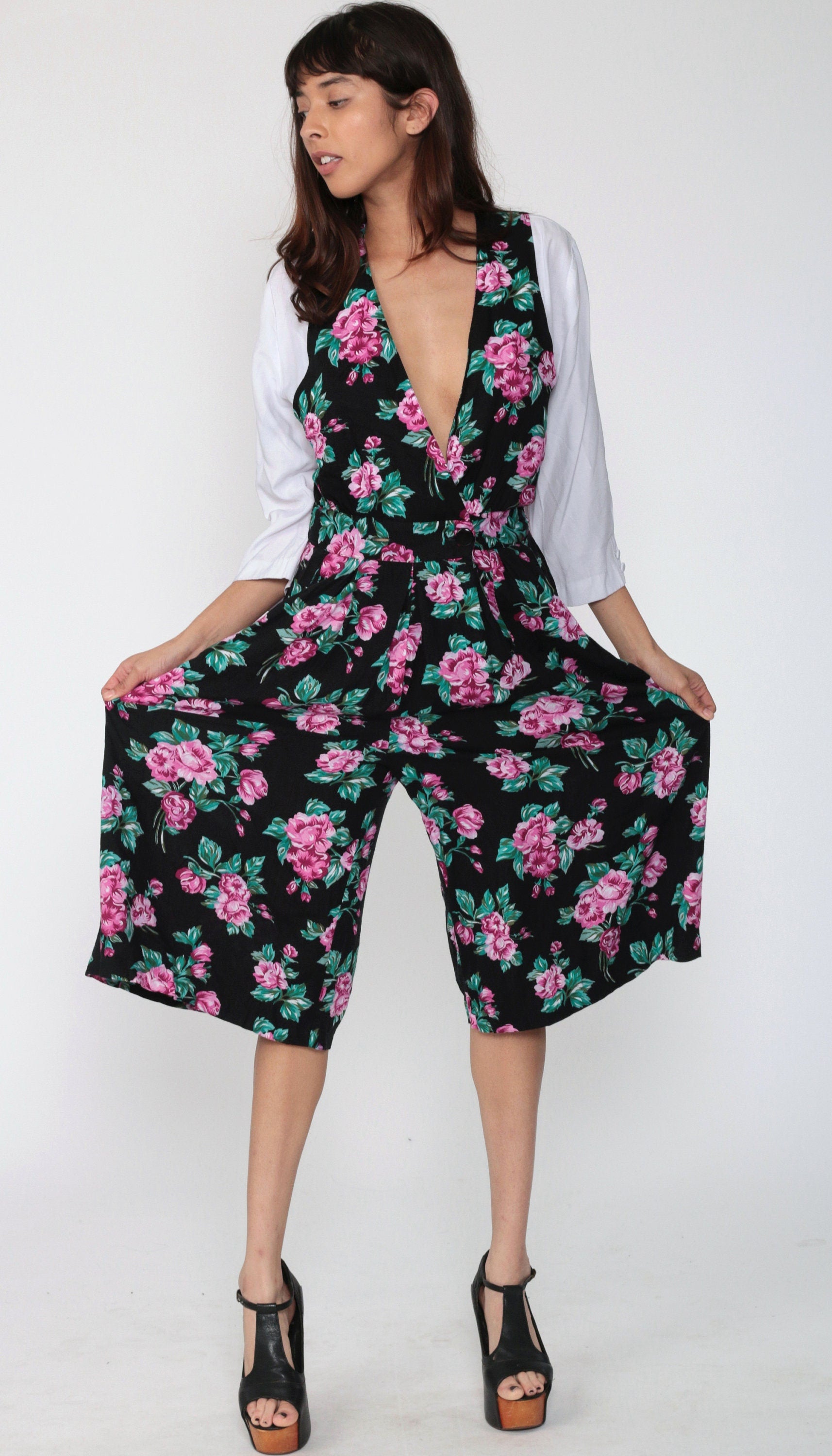 90s Floral Deep V Jumpsuit Wide Leg High Waist Black Small