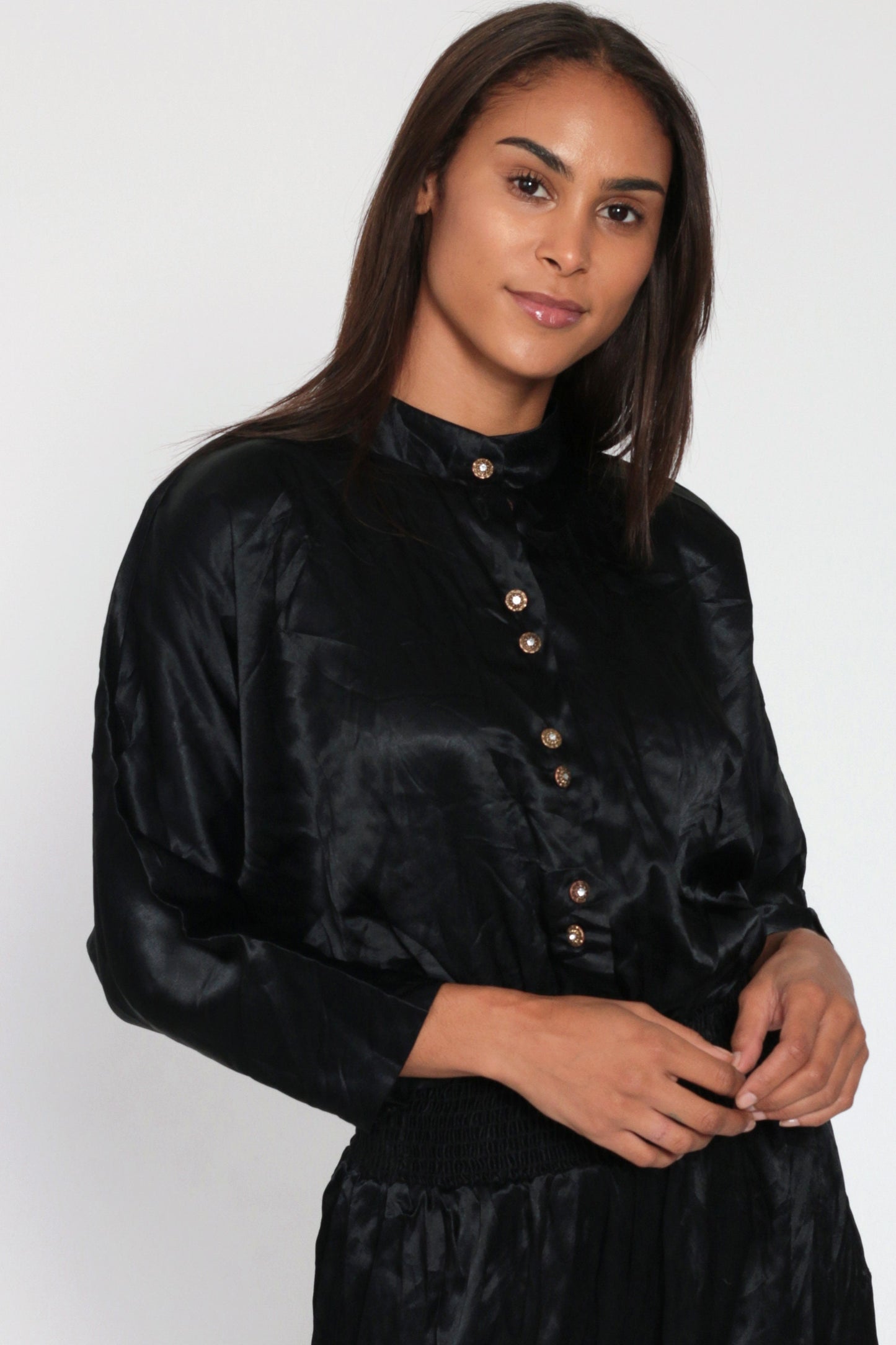 80s Black Satin Jumpsuit Dolman Sleeve Button-Up Tapered Small Medium