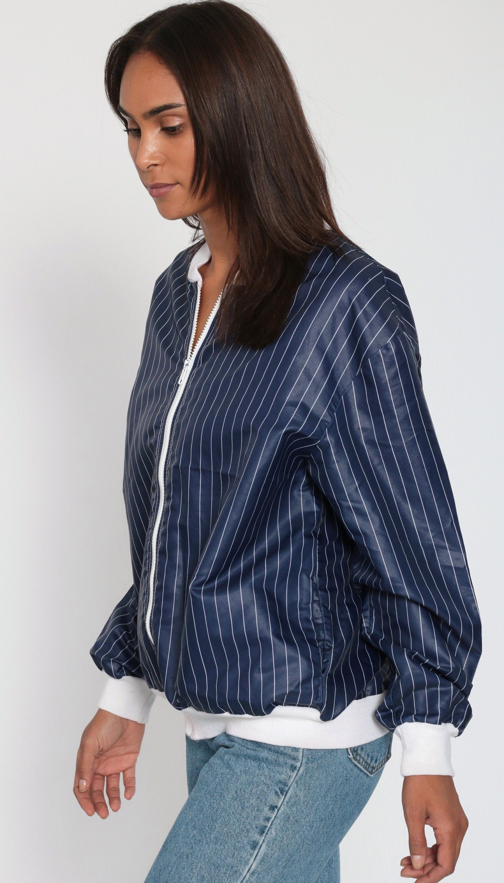 80s Pierre Cardin Striped Bomber Jacket Blue White Nylon Windbreaker Medium Large