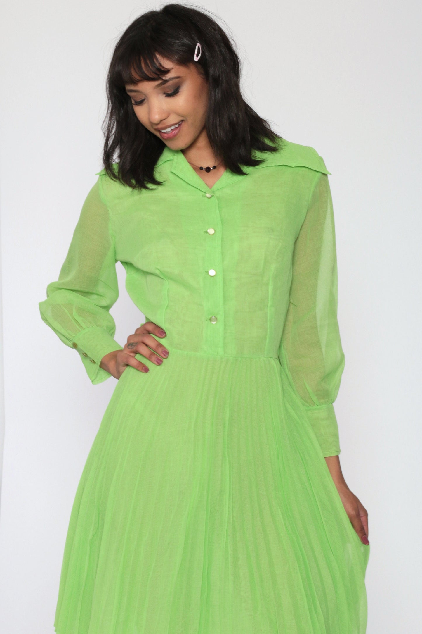 70s Green Sheer Button-Up Dress Pleated High-Waisted Long Sleeve Small
