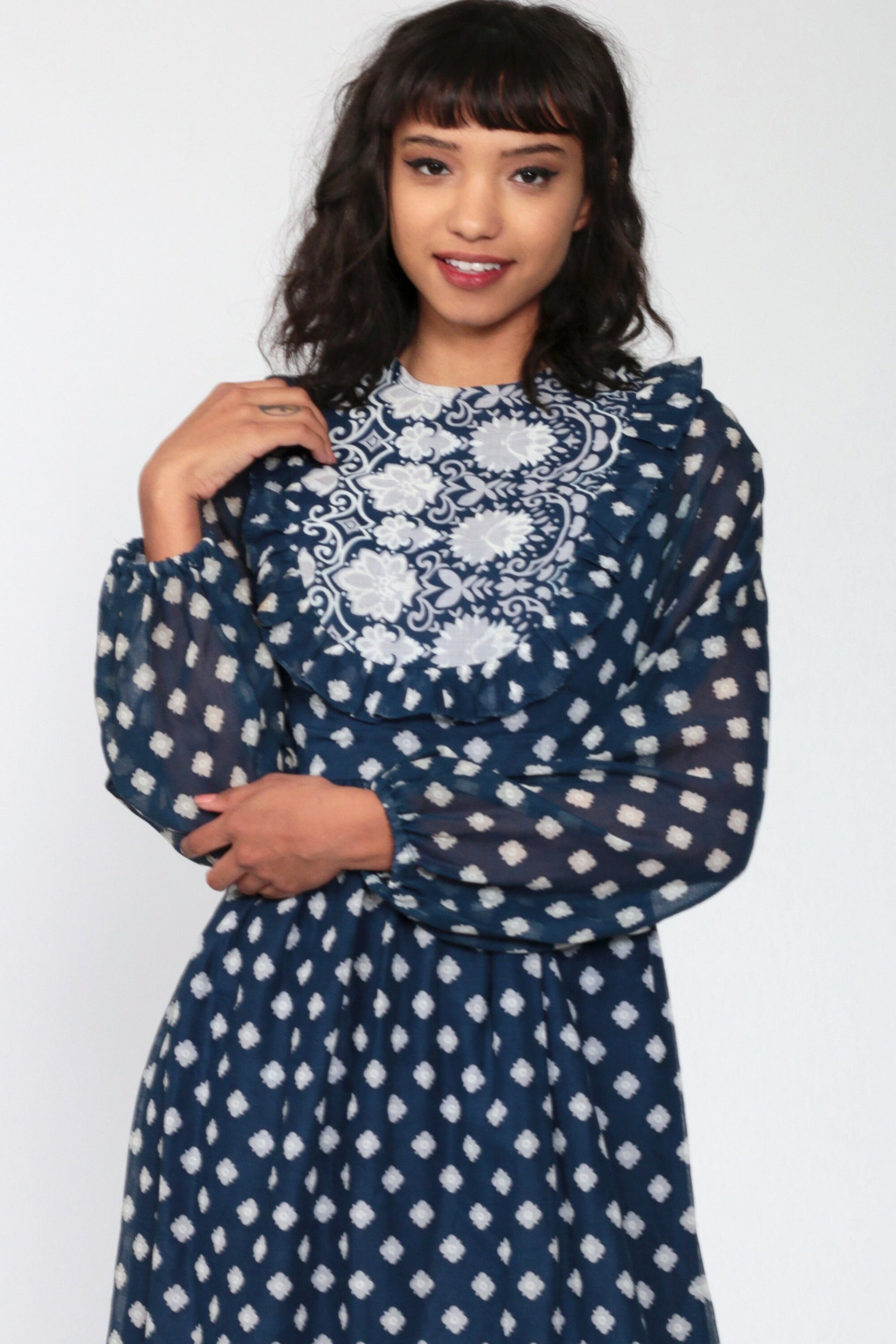70s Navy Floral Maxi Dress Ruffled Bib High Waist Sheer Sleeves Small