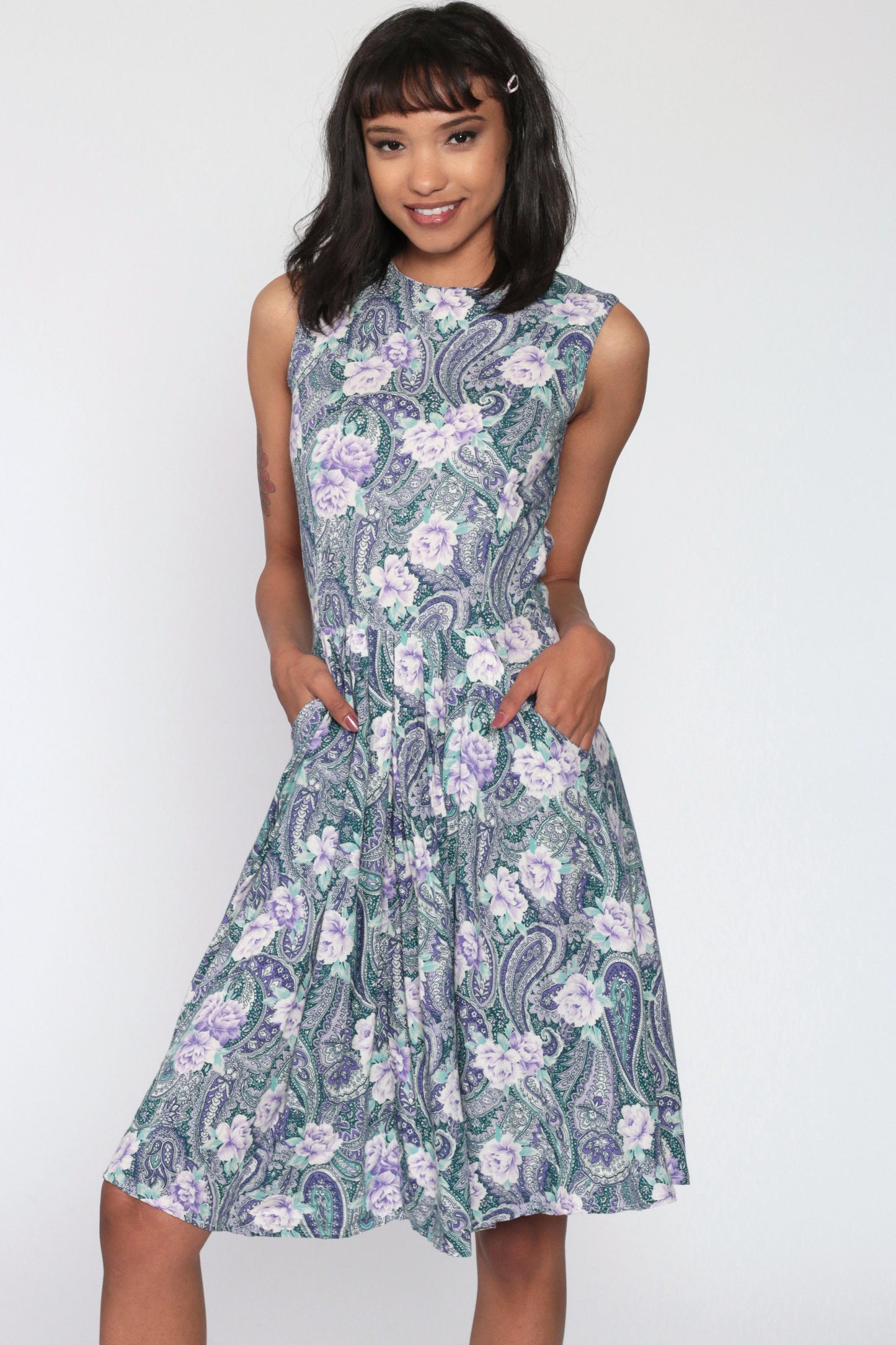 1970s Floral Paisley Button-Back Dress High Waist Midi Pockets Blue Extra Small