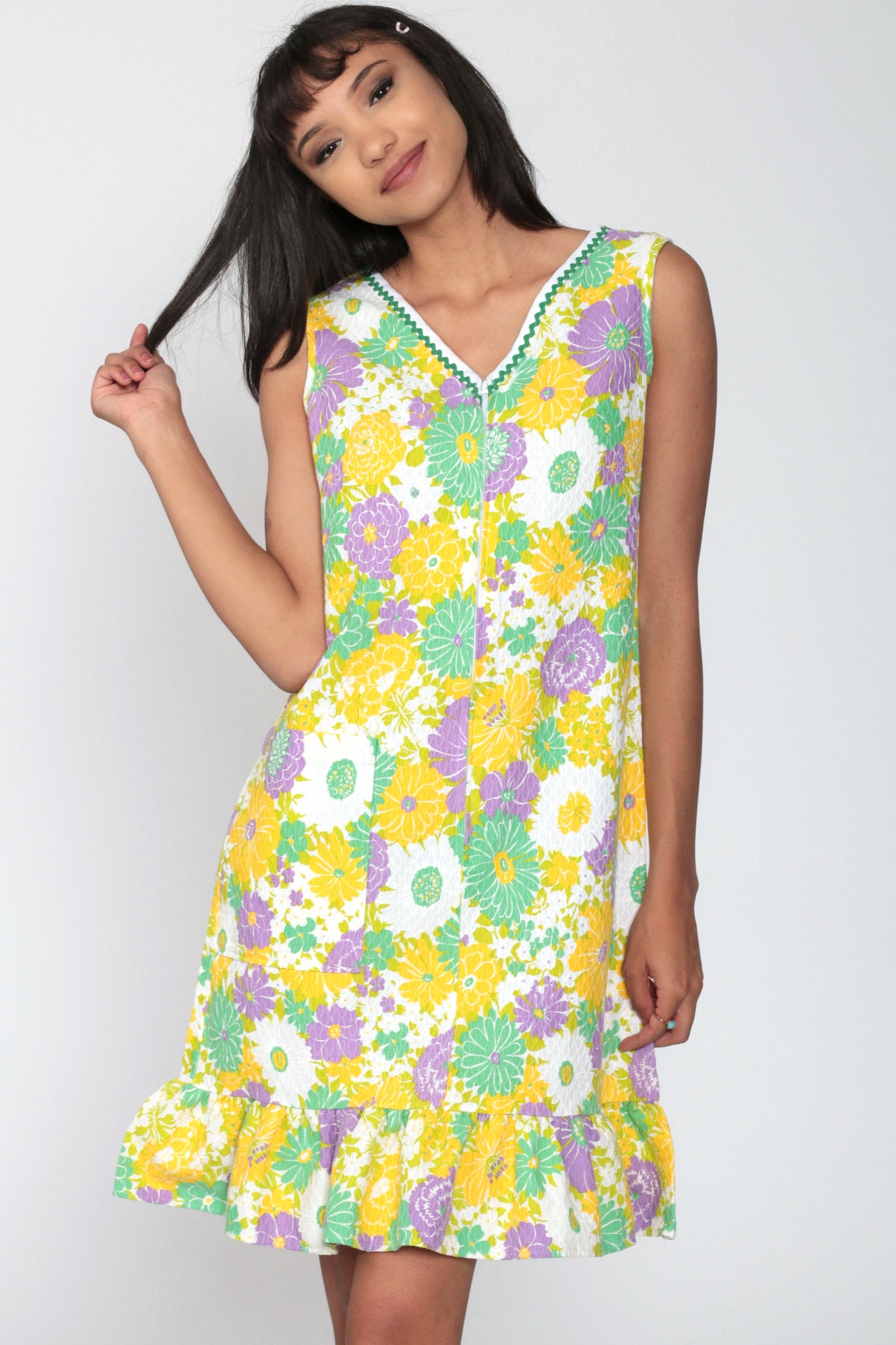 70s Floral Mini Shift Dress Yellow Green Psychedelic Front Zip Sleeveless Small