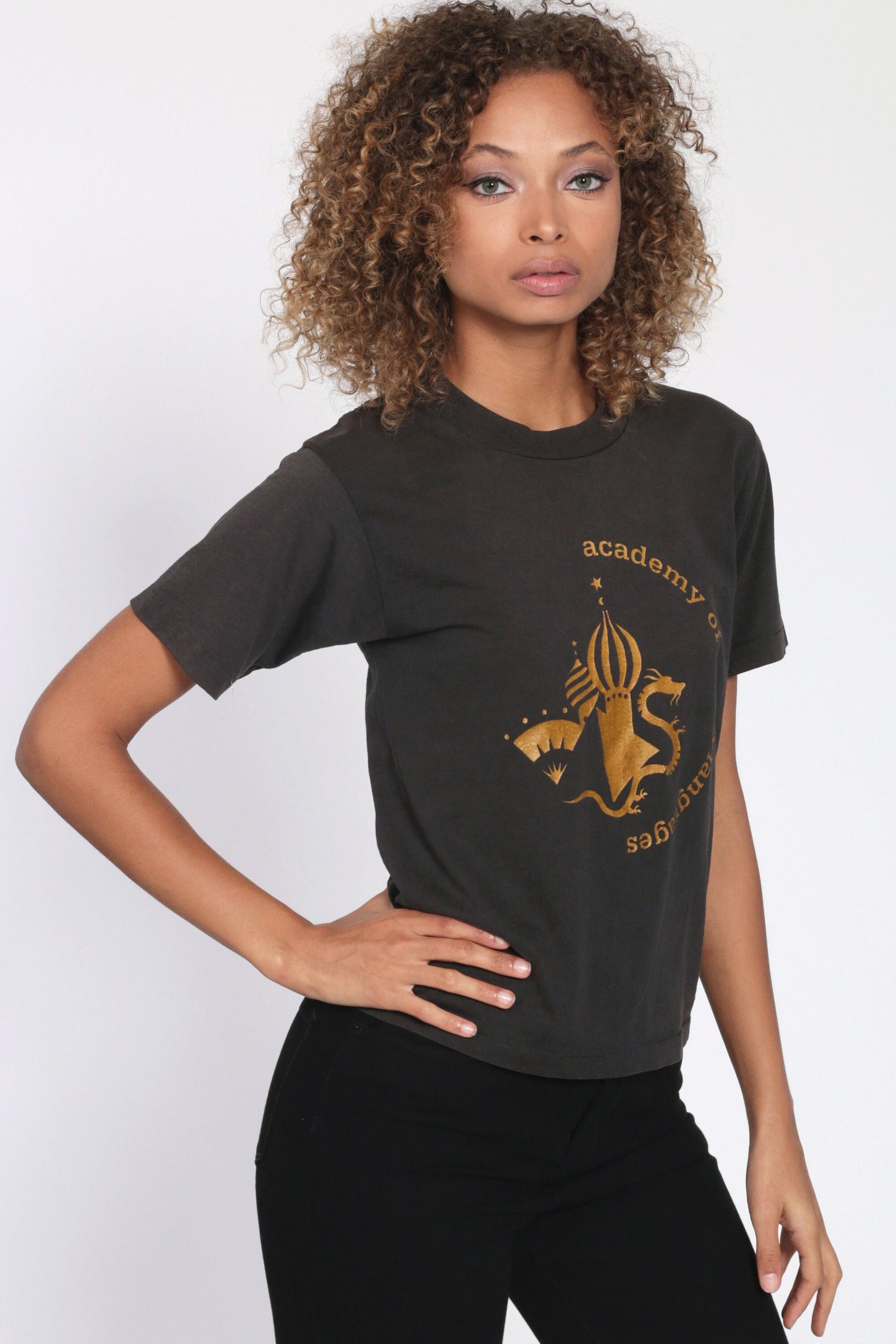 Academy of World Languages Graphic T-Shirt Black Single Stitch 90s Extra Small XS