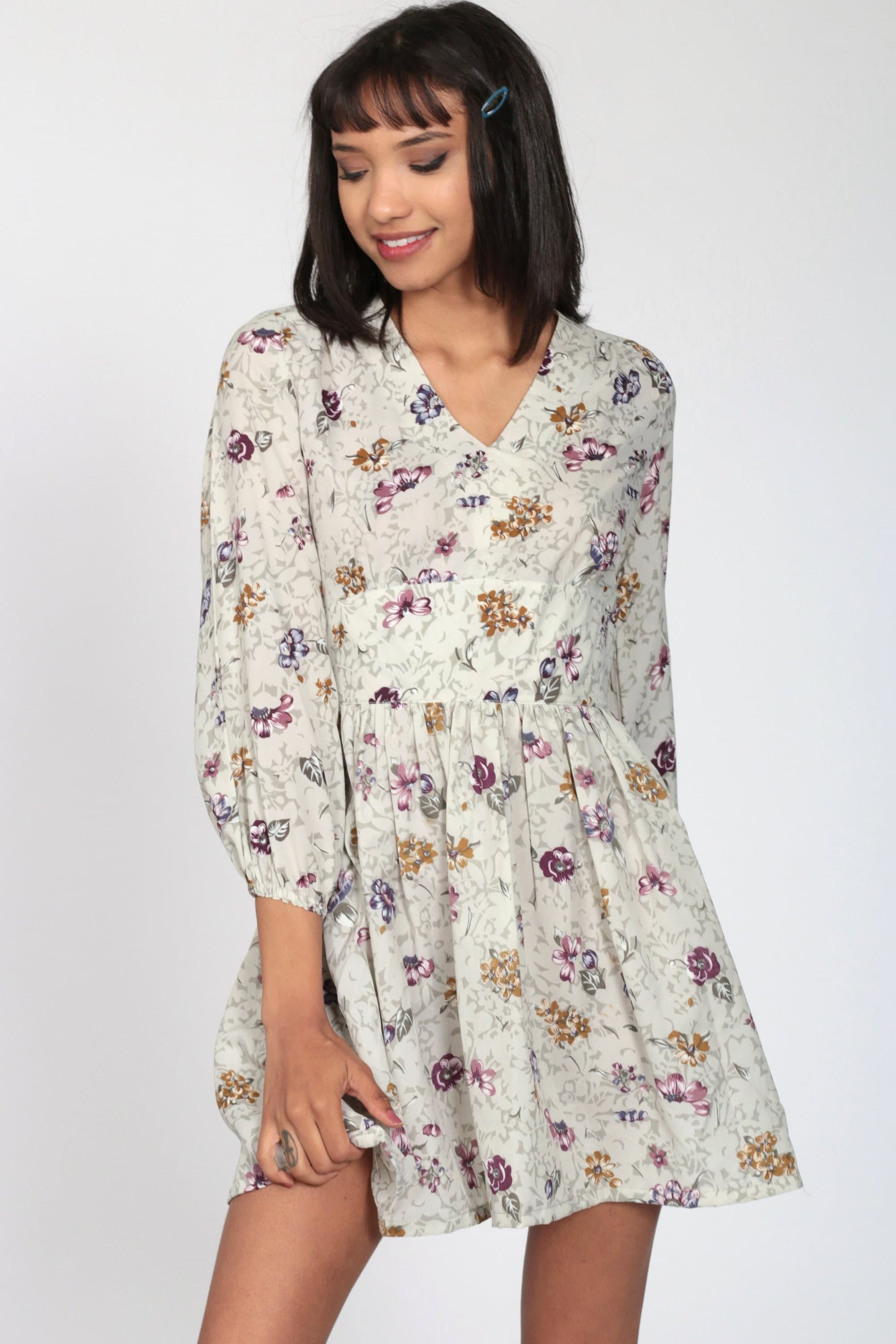 70s Floral Empire Waist Mini Dress Grey V-Neck Long Sleeve Small