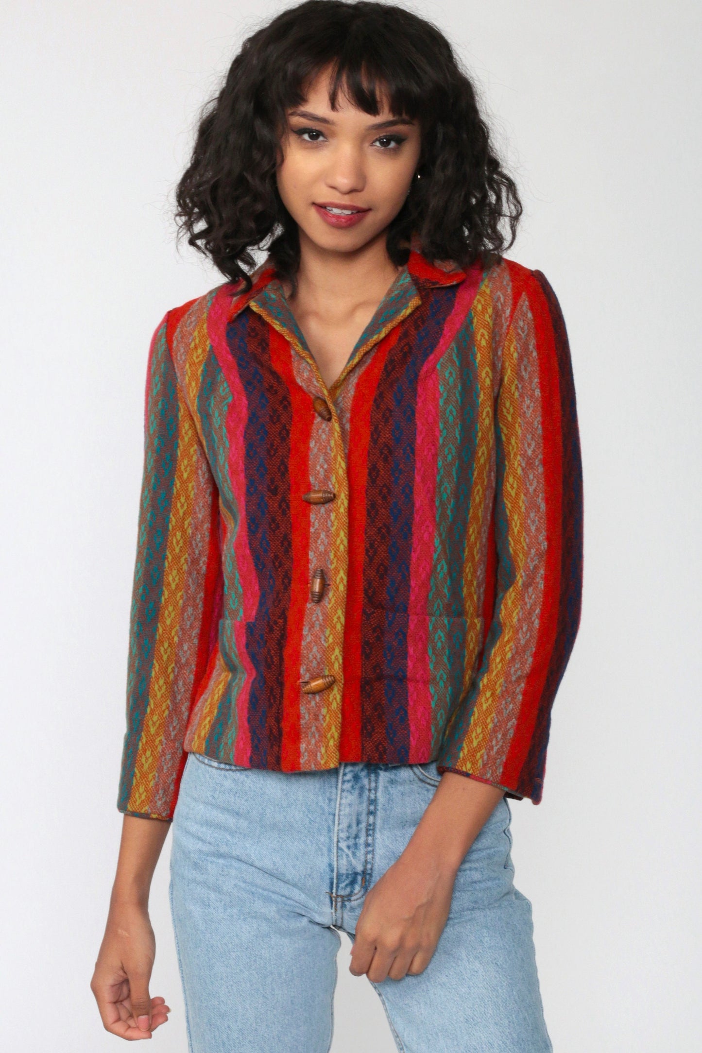 90s Striped Wool Blend Toggle Jacket Red Pink Blue Small