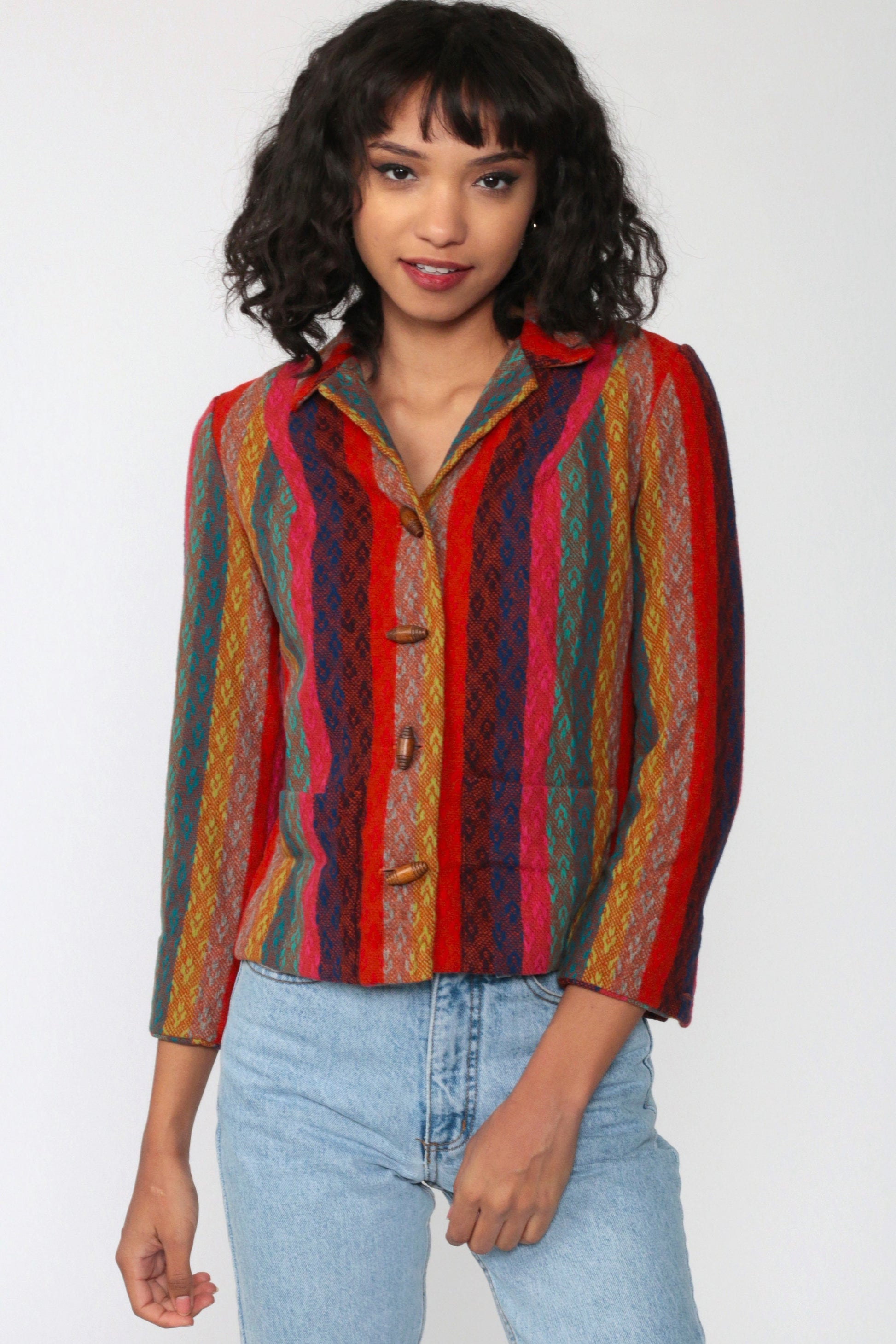90s Striped Wool Blend Toggle Jacket Red Pink Blue Small