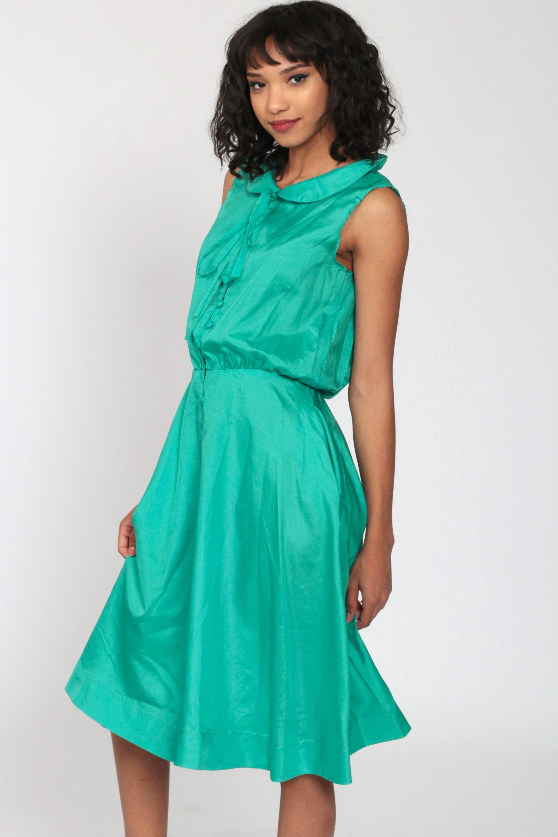 70s Green Midi Dress Peter Pan Collar High Waist Button Front Extra Small