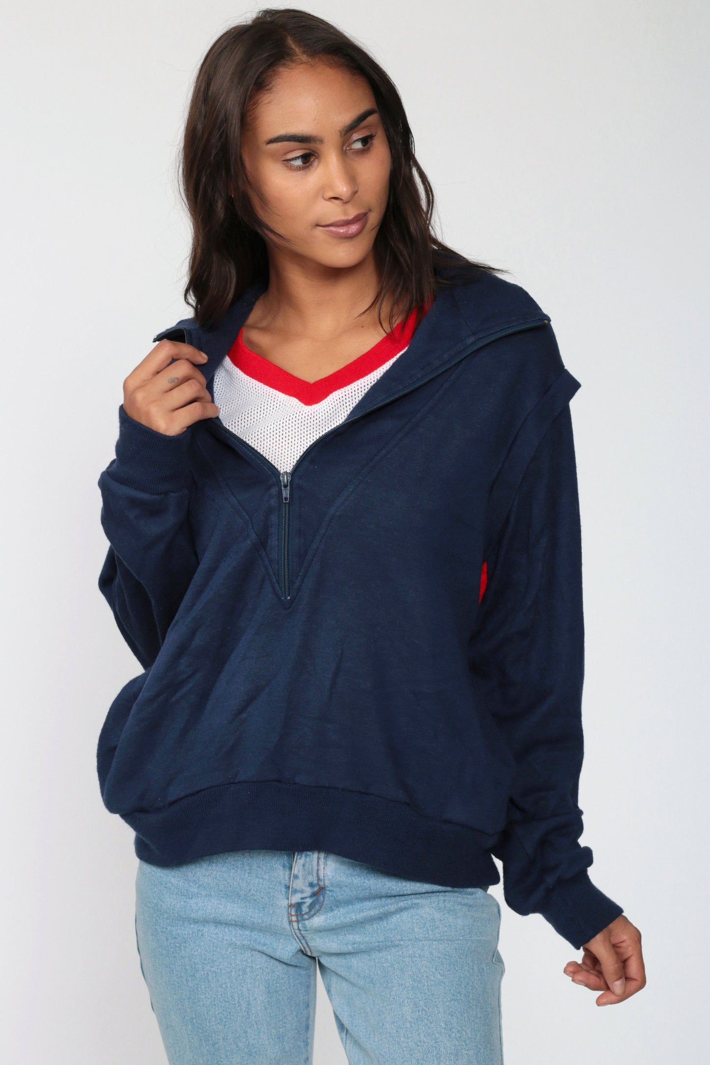 80s Half Zip Sweatshirt Attached Mesh Tank Navy Red White Ringer V-Neck Medium