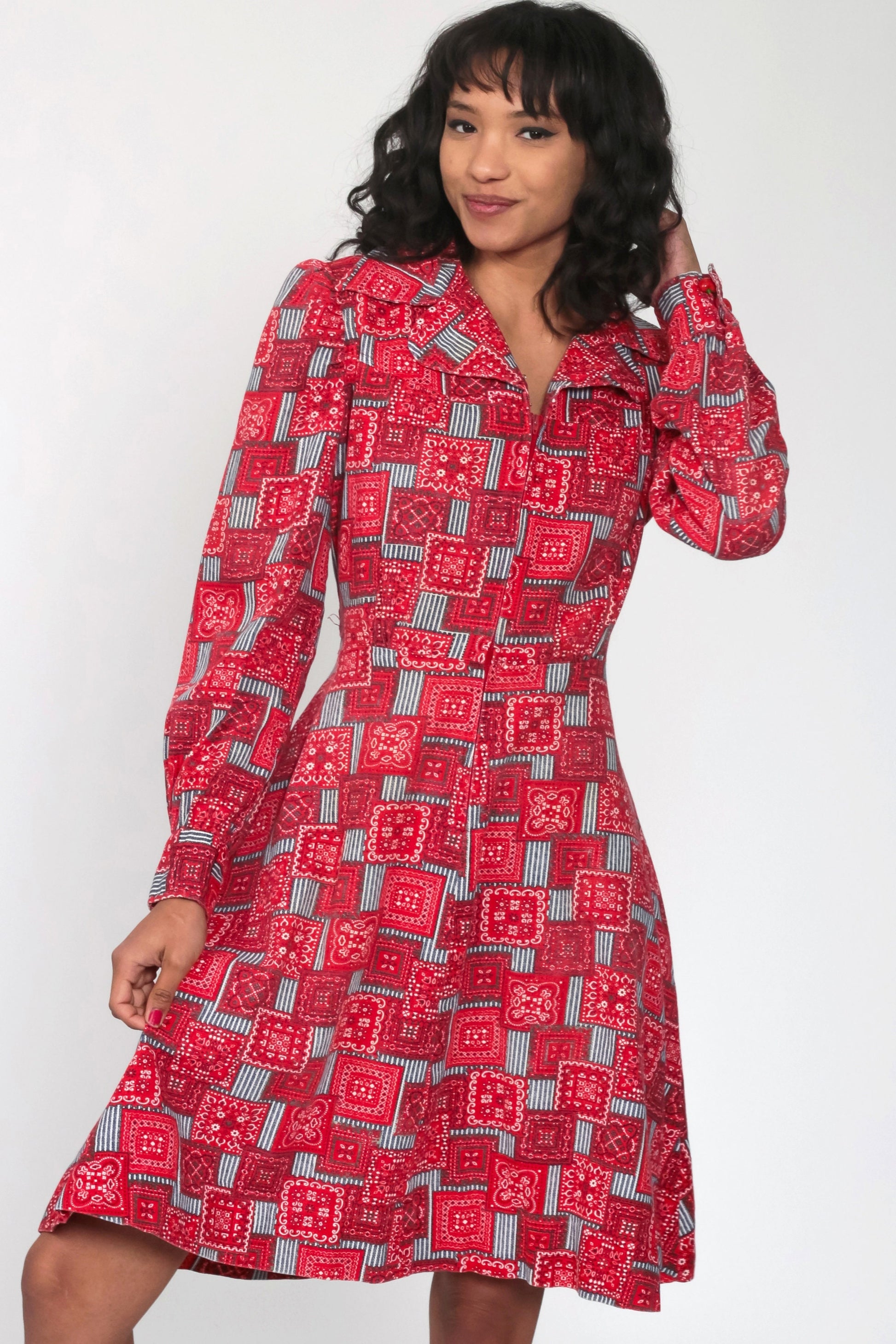 70s Bandana Print Mini Dress Cherry Buttons Puff Sleeves High Waist Red Medium