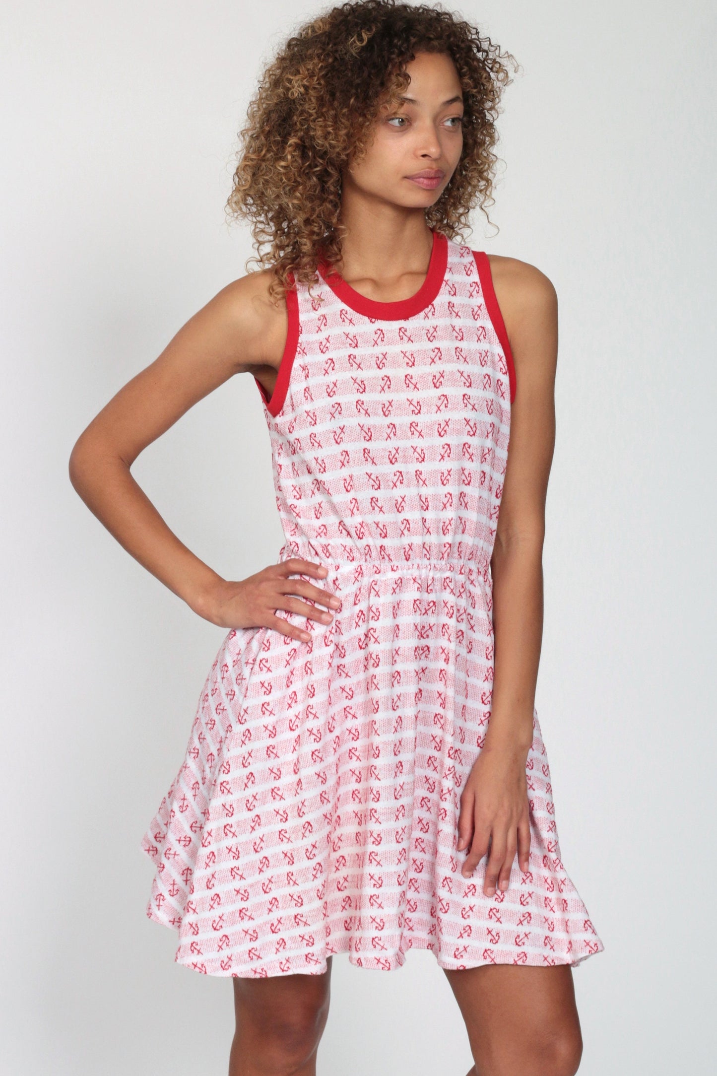 70s Nautical Anchor Mini Dress High Waist Ringer Red White Small