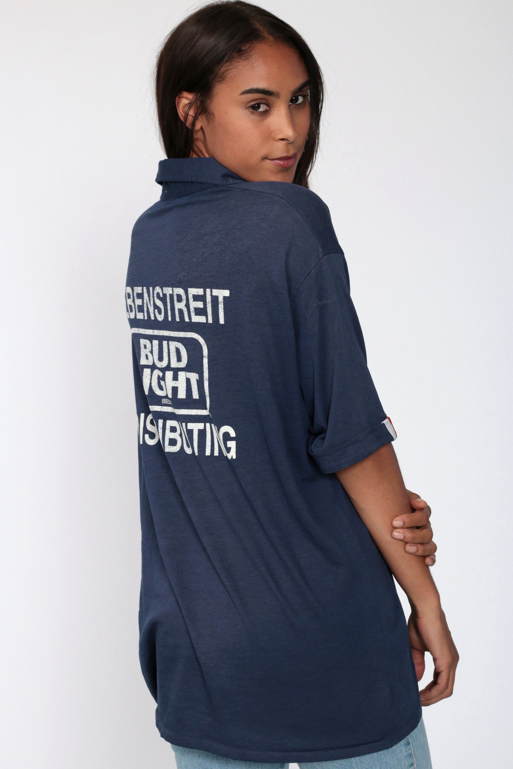 80s Bud Light Hebenstreit Distribution Polo Shirt Navy Blue Extra Large