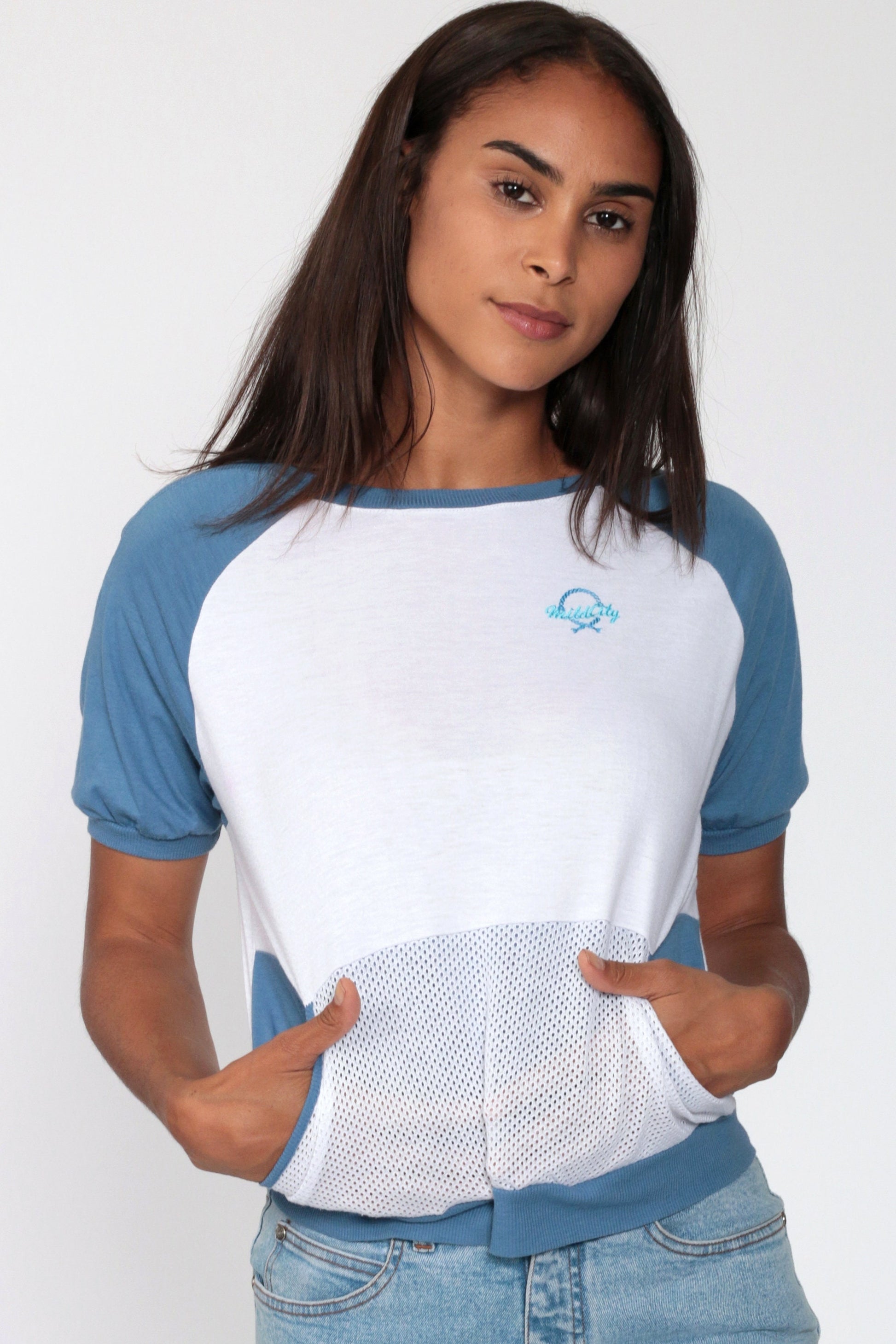 80s Mild City Raglan T-Shirt Mesh Pocket Blue White Small
