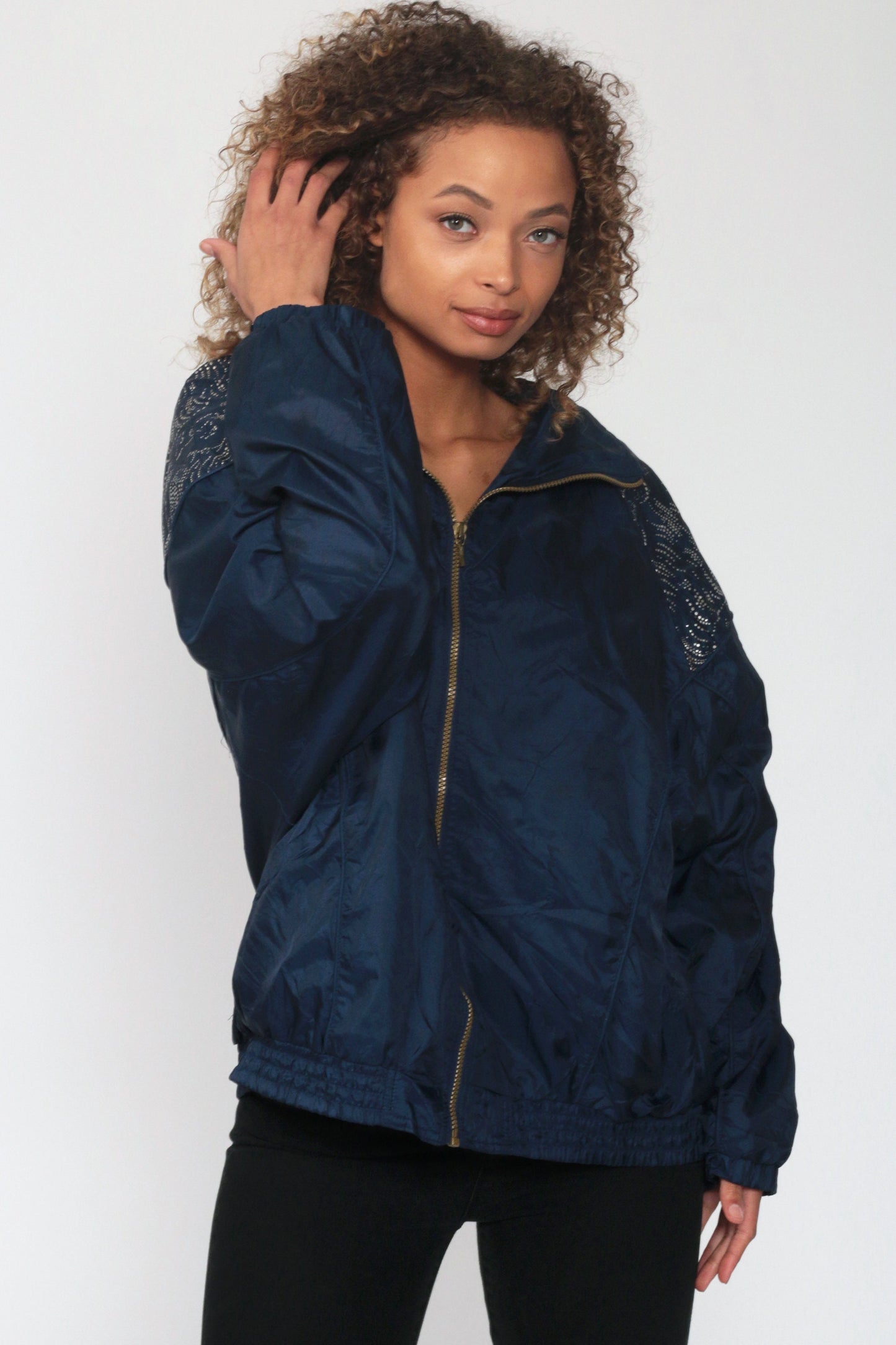 90s Shiny Blue Nylon Windbreaker Jacket Metallic Trim Plus Size XXL