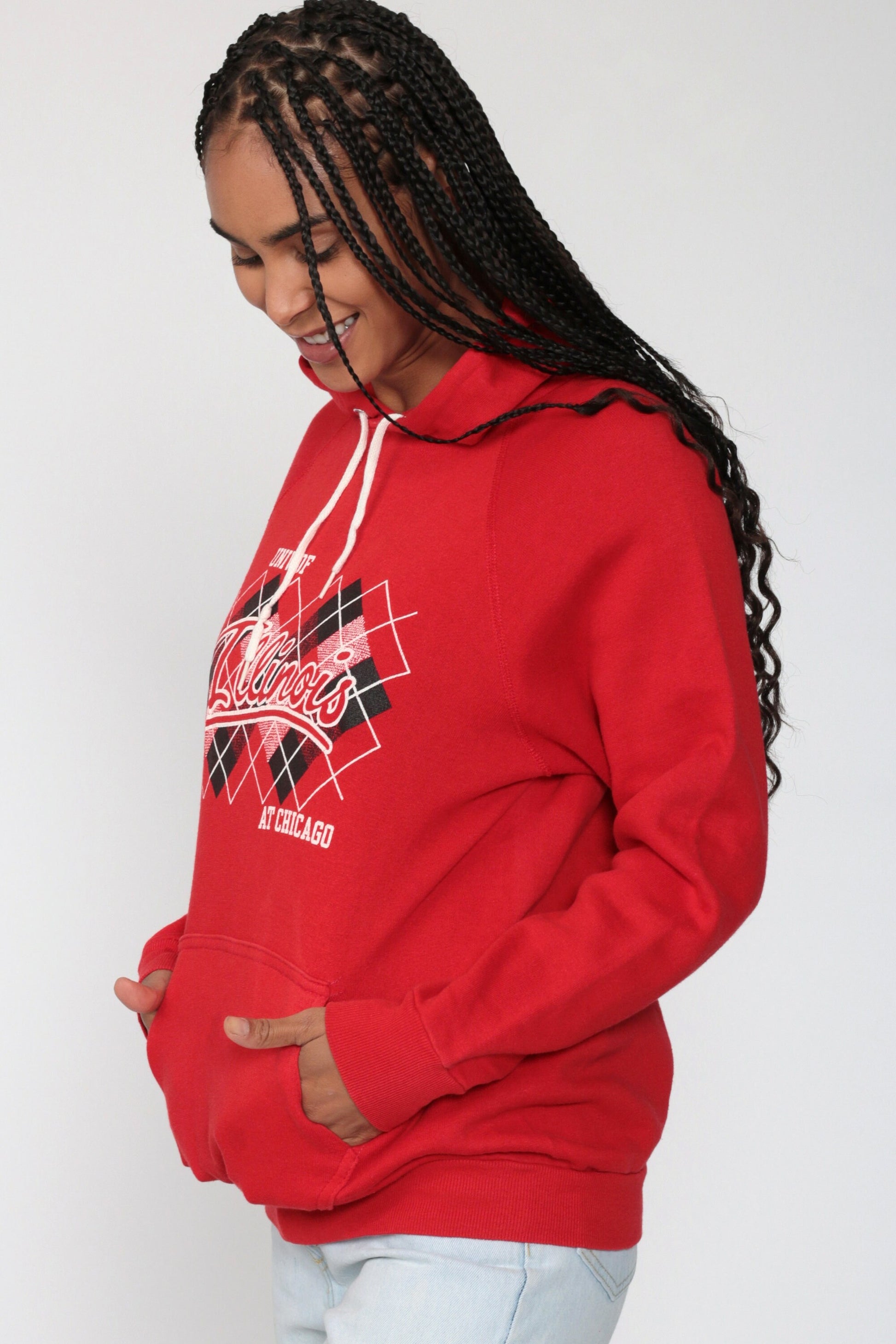 90s University of Chicago Hooded Sweatshirt Red Kangaroo Pocket Small