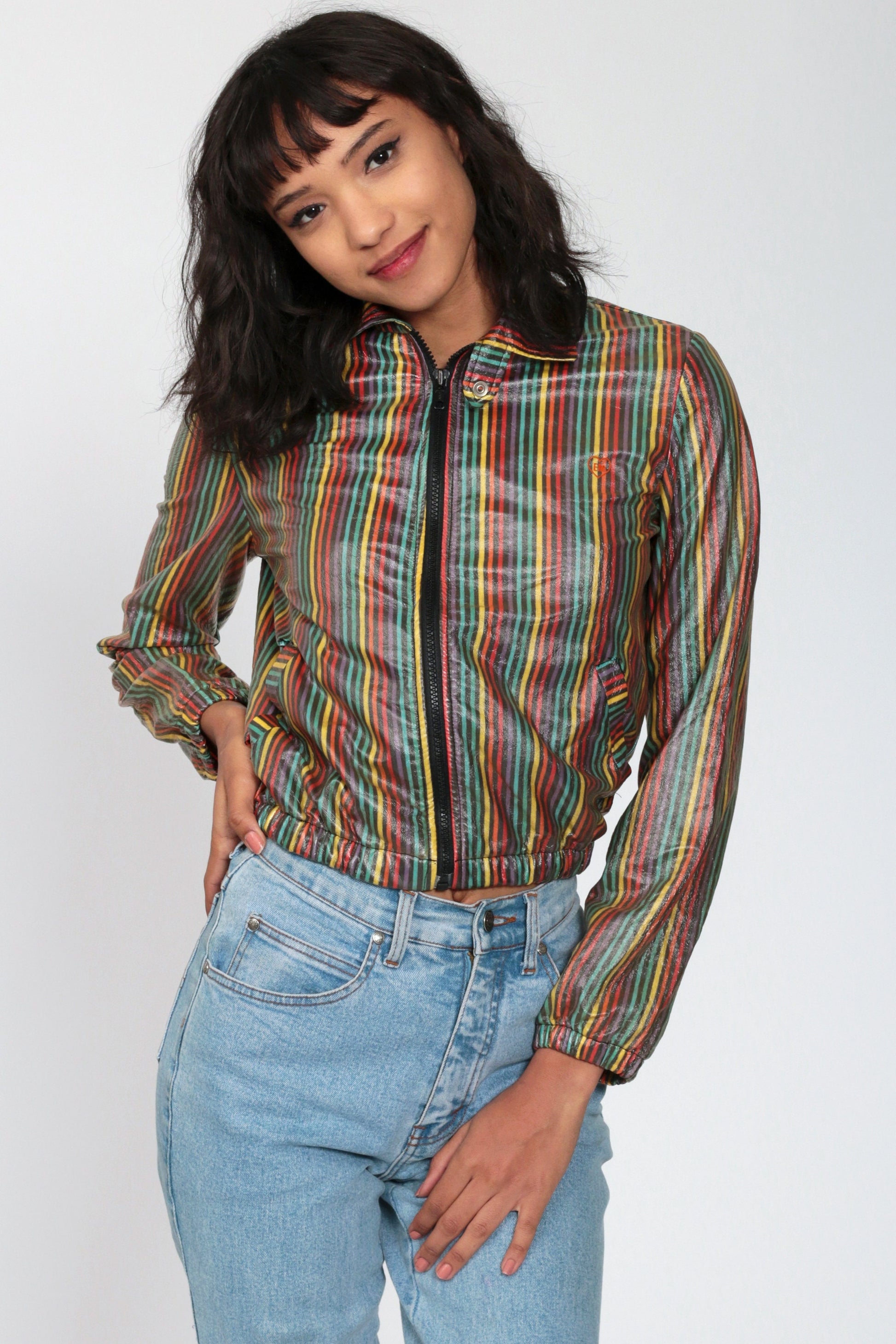 90s Rainbow Striped Cropped Windbreaker Jacket Black Zip-Up Extra Small XS