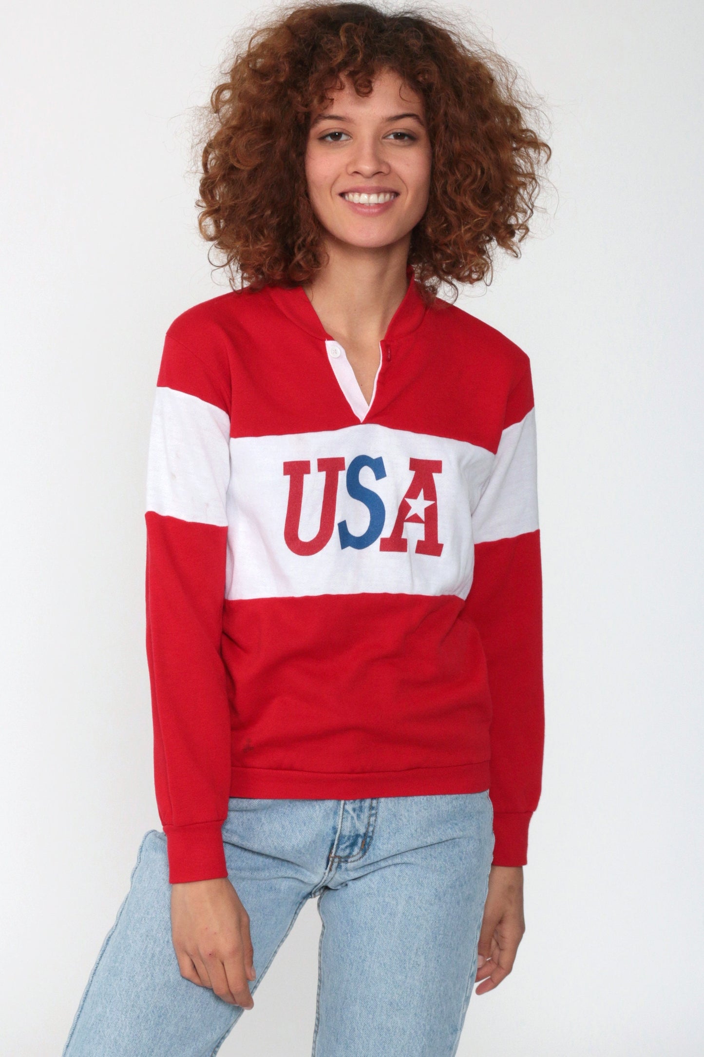 80s USA Patriotic Graphic Sweatshirt Red Polo Buttons Extra Small
