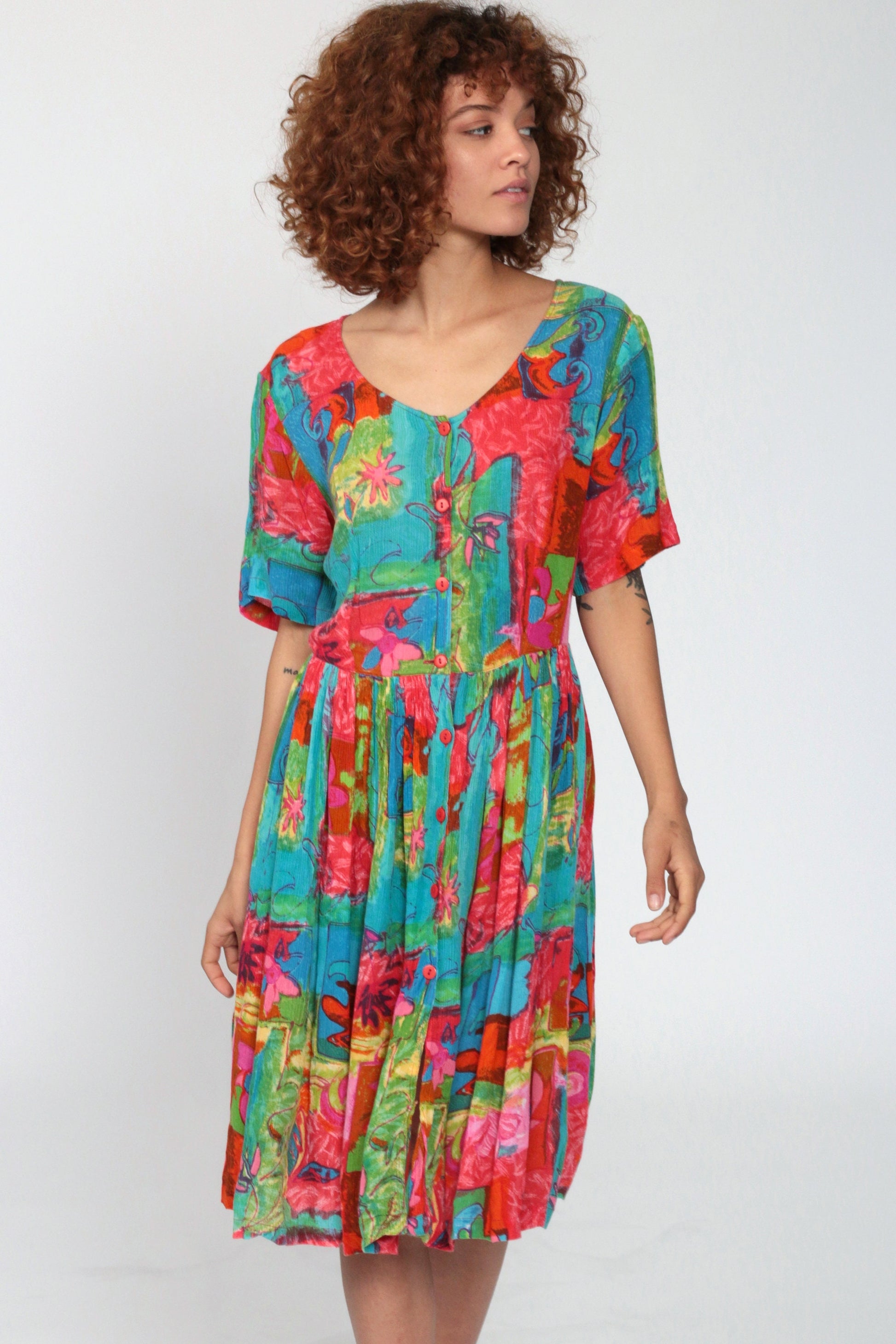 90s Phool Floral Button-Up Dress Multicolour High-Waisted Knee-Length Small