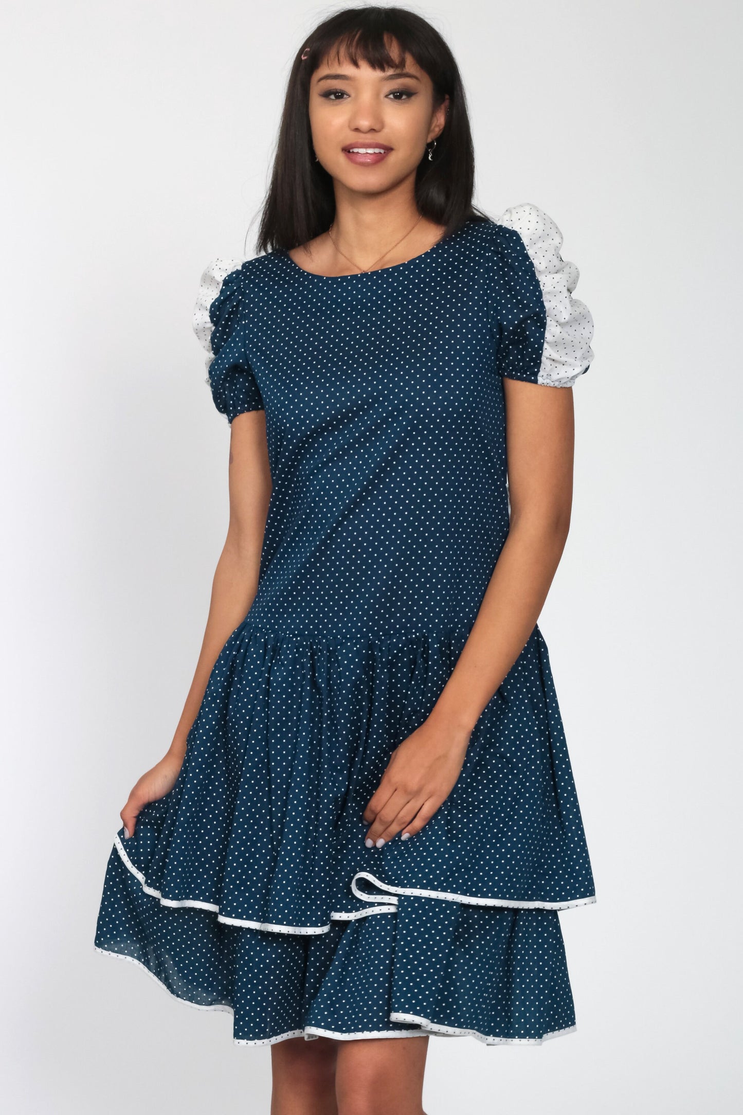 80s Blue Polka Dot Puff Sleeve Minidress Drop Waist Ruffled Small
