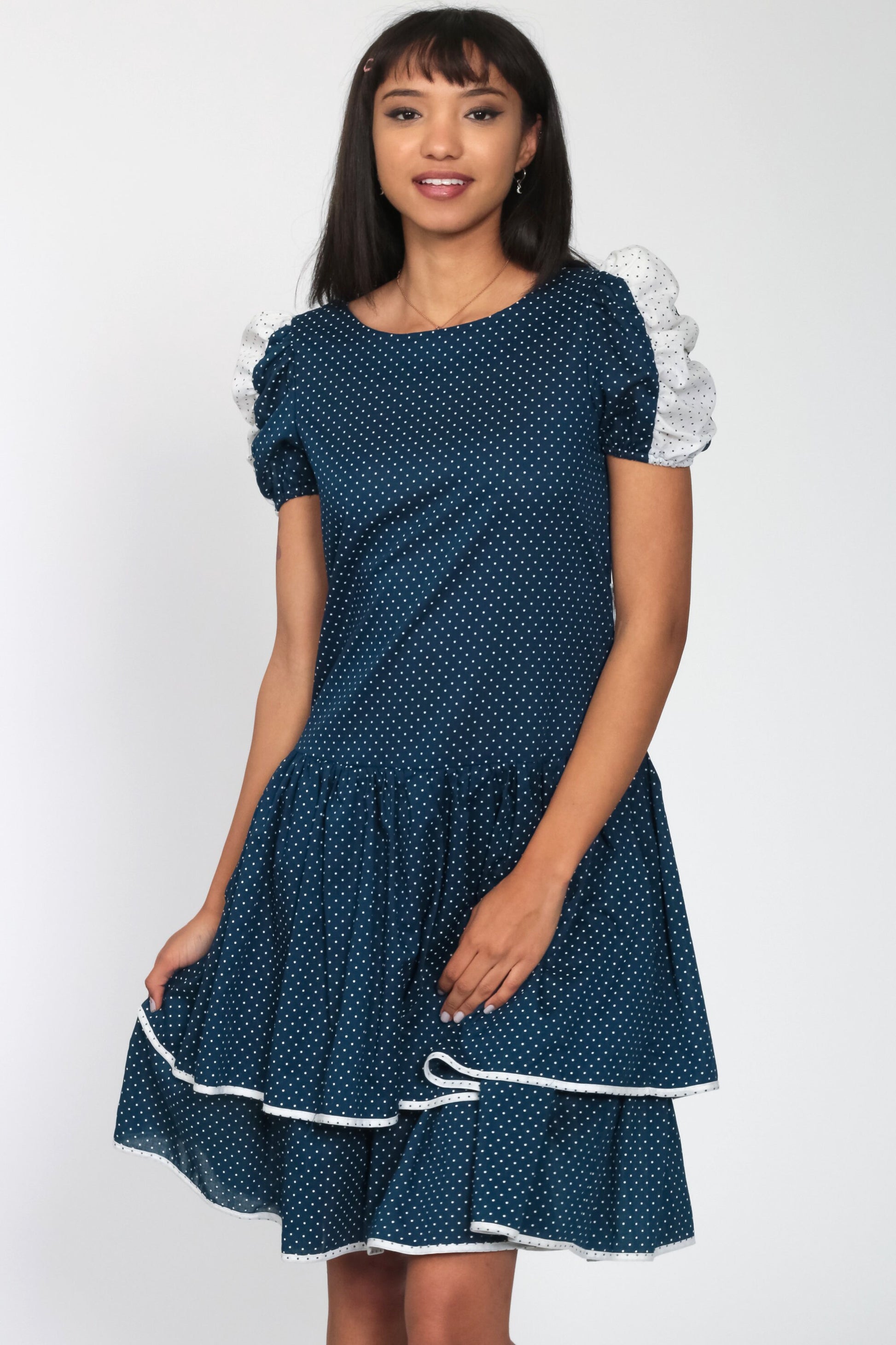 80s Blue Polka Dot Puff Sleeve Minidress Drop Waist Ruffled Small