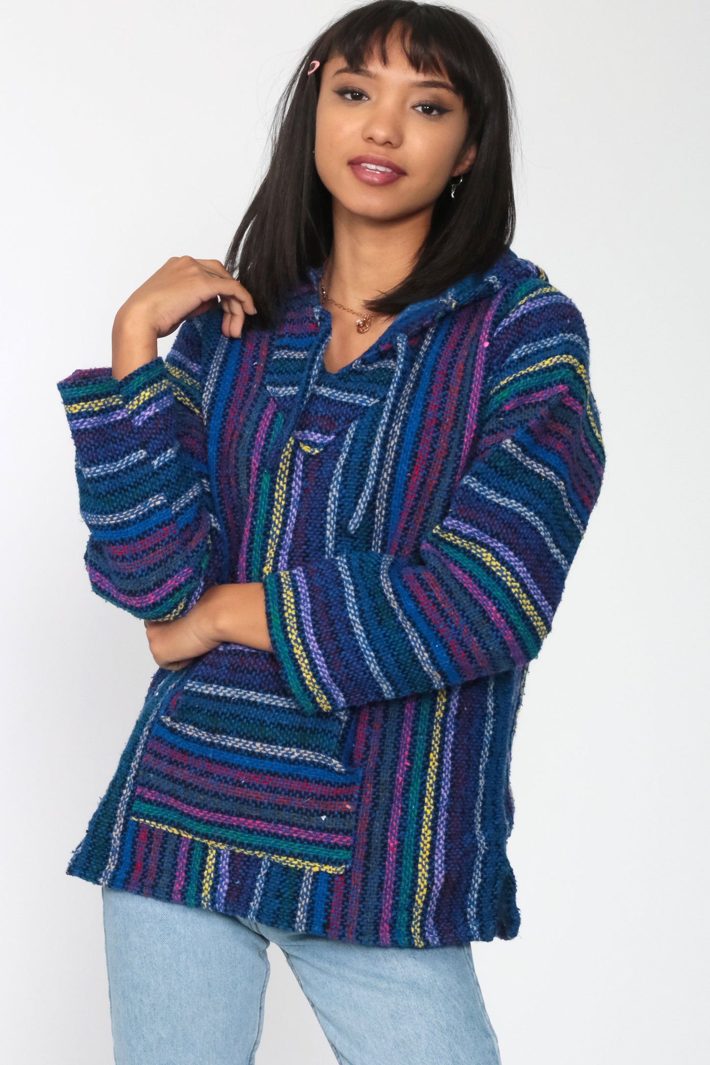 90s Neon Rainbow Mexican Drug Rug Baja Hoodie Blue Kangaroo Pocket Medium