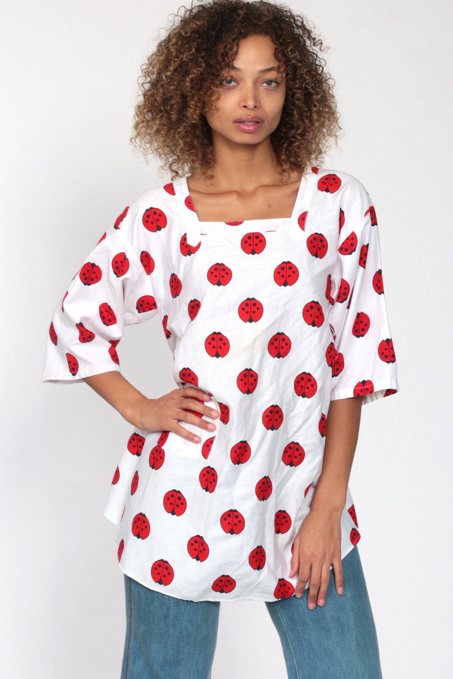 70s Ladybug Print Tunic Blouse Open Back 3/4 Sleeve Extra Small