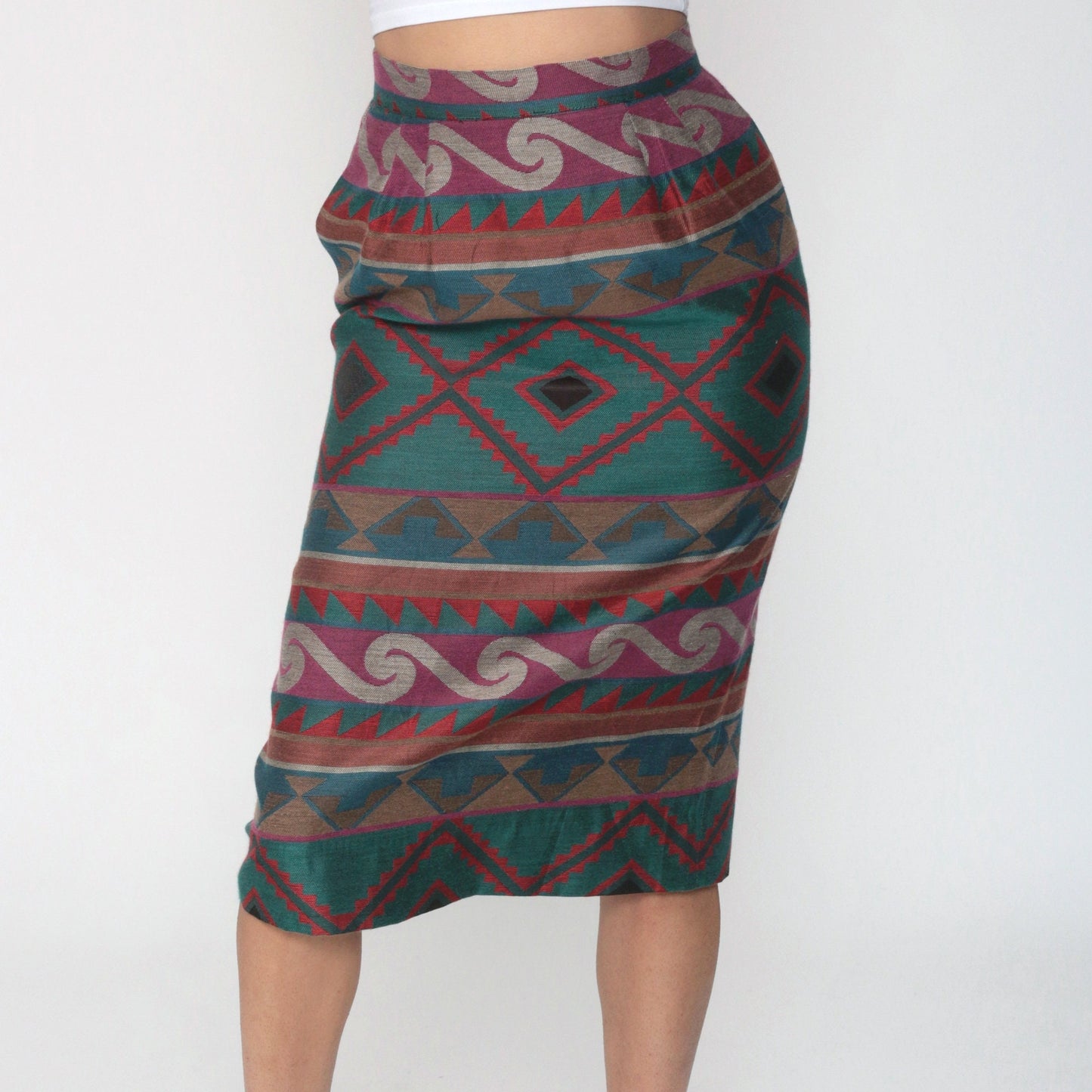 80s Tapestry Geometric High-Waist Knee Skirt Pencil Wiggle Extra Small XS