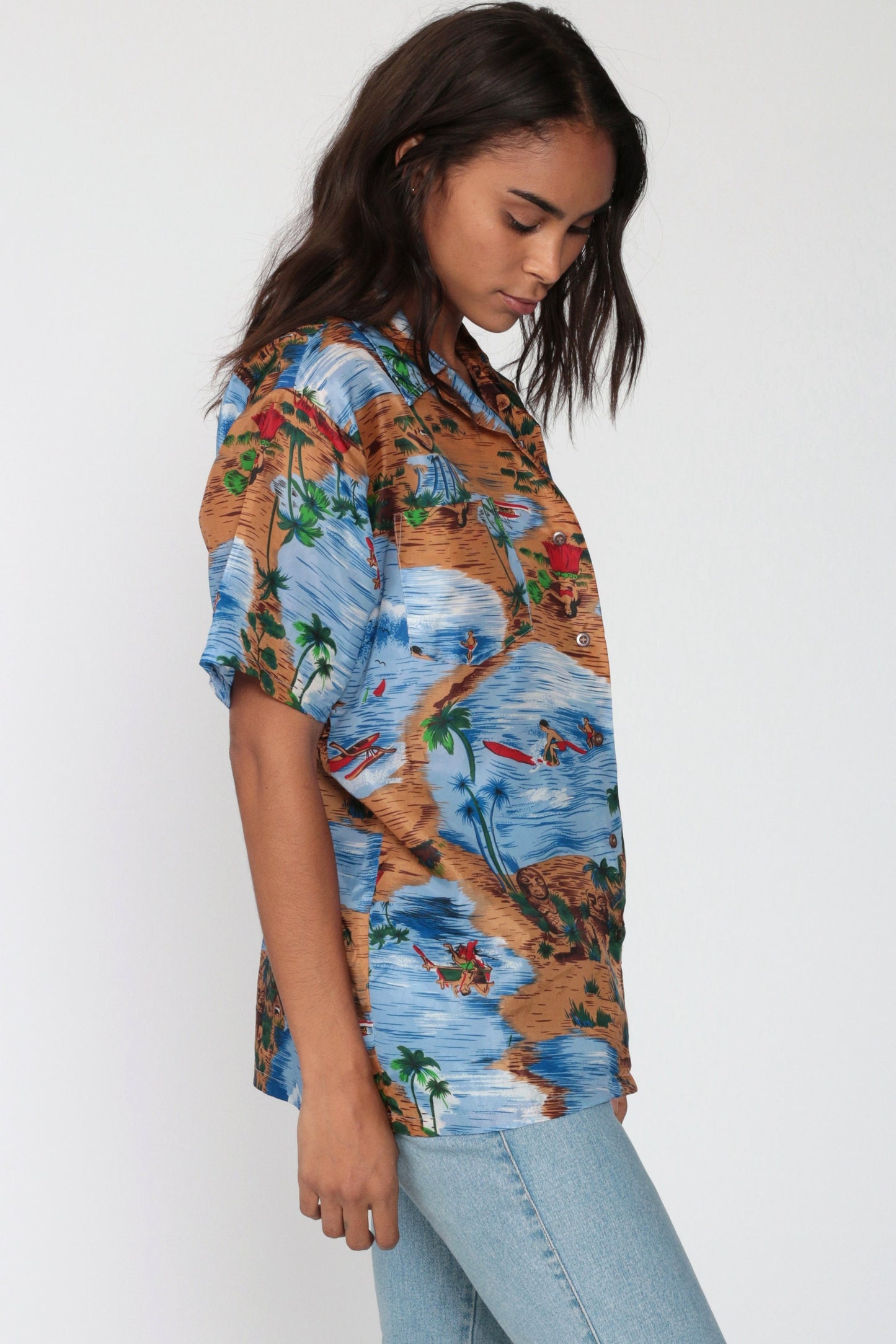 90s Hawaiian Shirt Surfer Ocean Print Button Up Sea Blue Medium