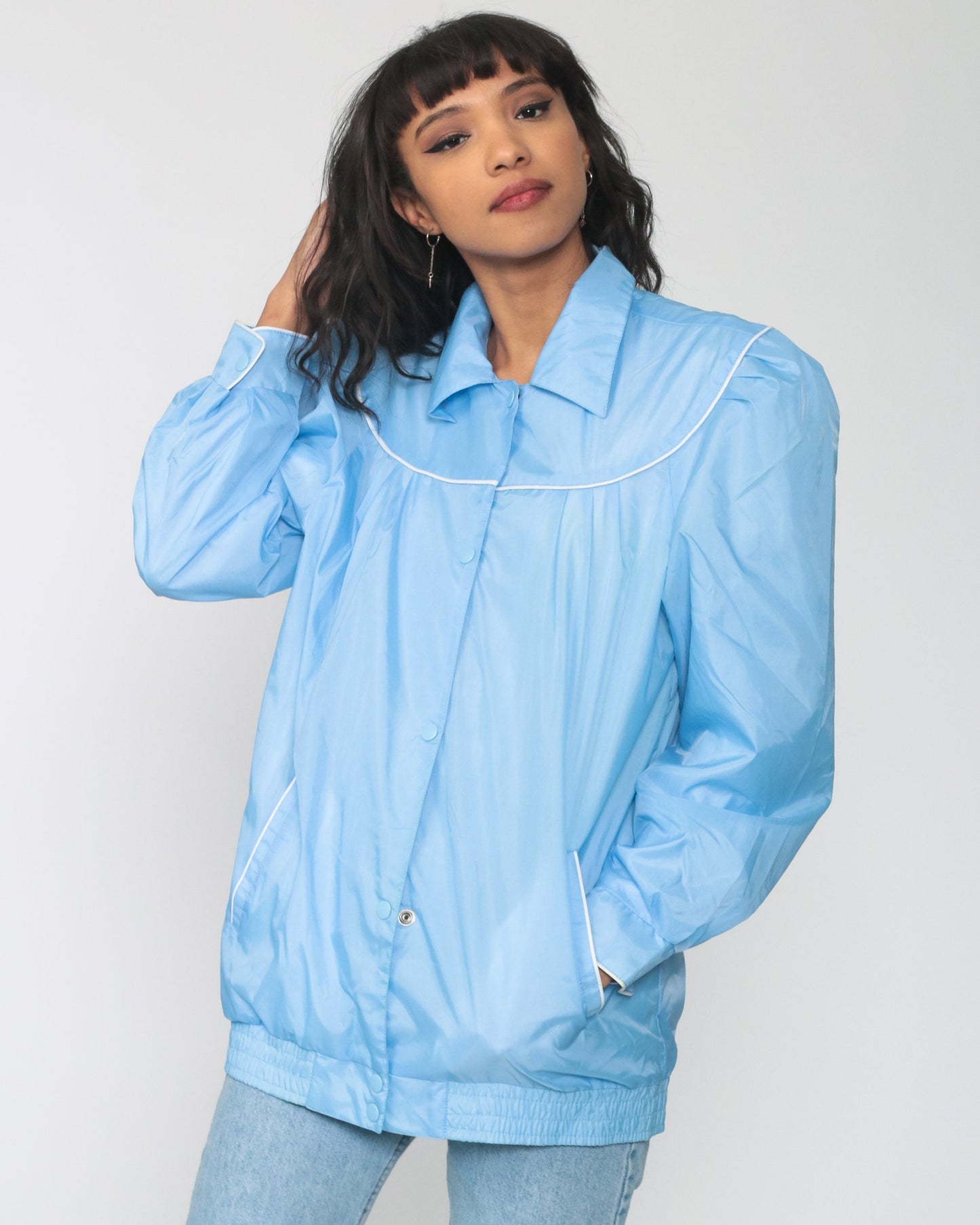 80s Blue Windbreaker Jacket Puff Sleeve Bomber Medium