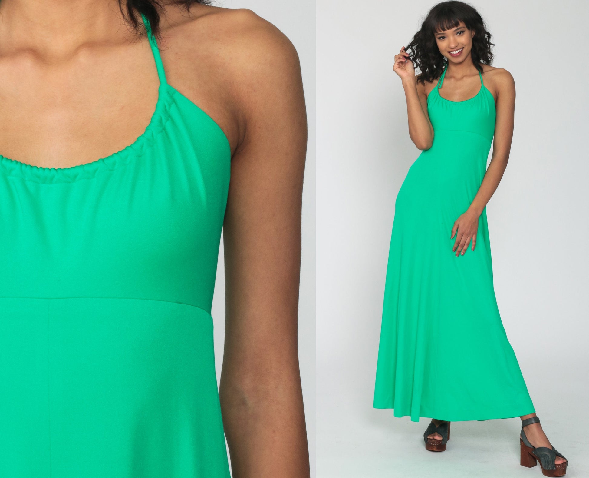 70s Bright Green Halter Jumpsuit Wide Leg High Waist Extra Small