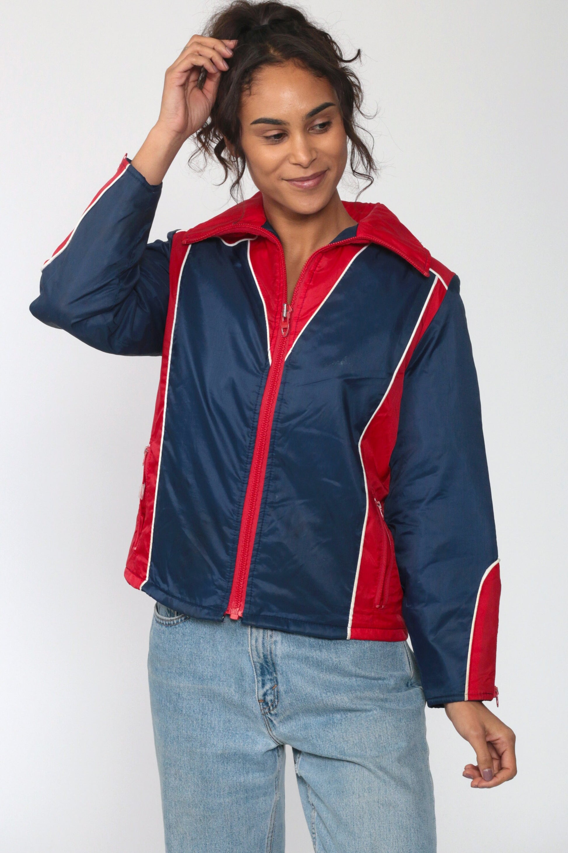 70s Puffer Ski Jacket Blue Red Striped Nylon Puffy Coat Extra Small