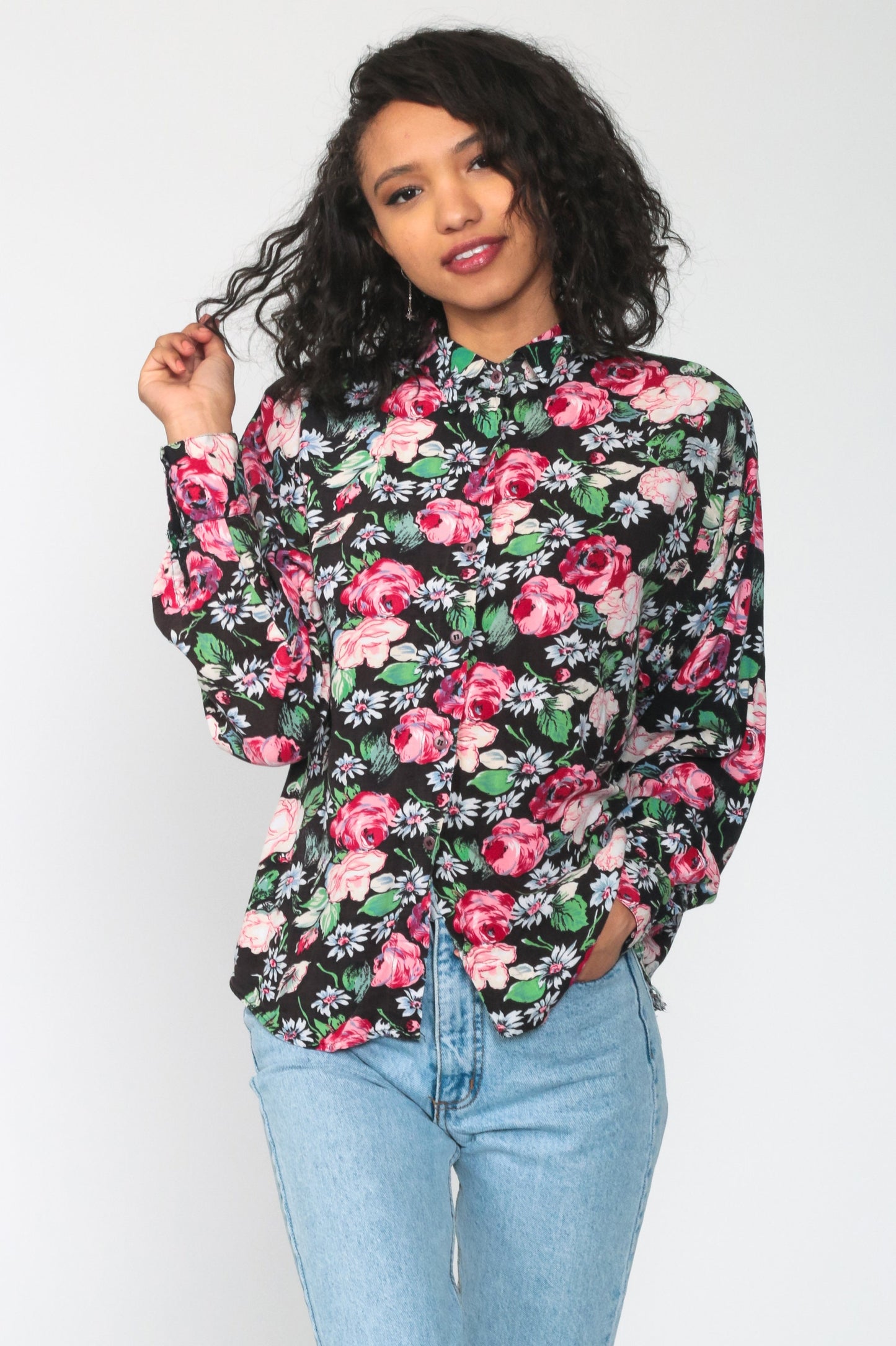 80s Floral Button Up Shirt Black Pink Print Long Sleeve Blouse Large