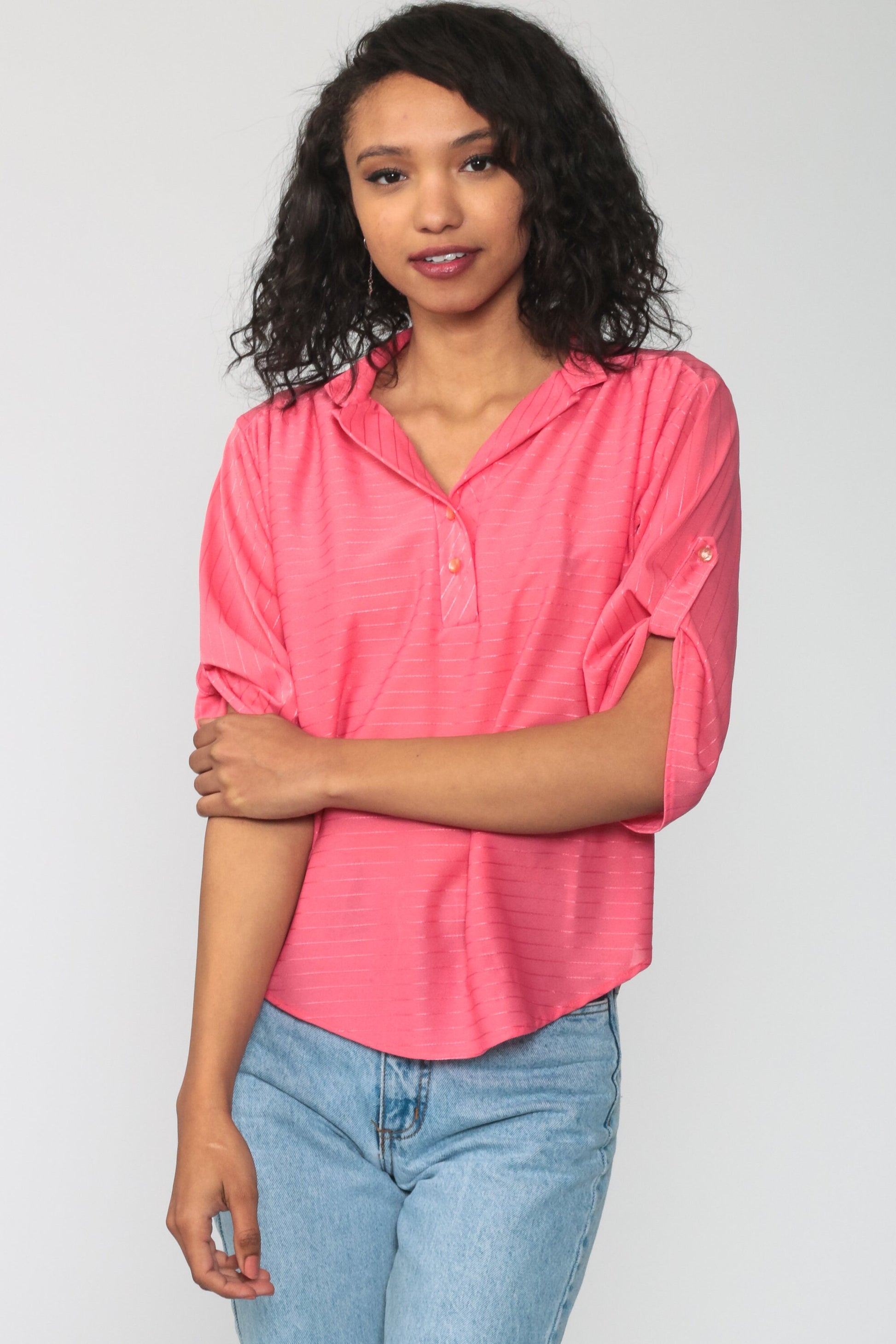 80s Pink Striped Button-Up Blouse Short Sleeve Collar Shirt Medium